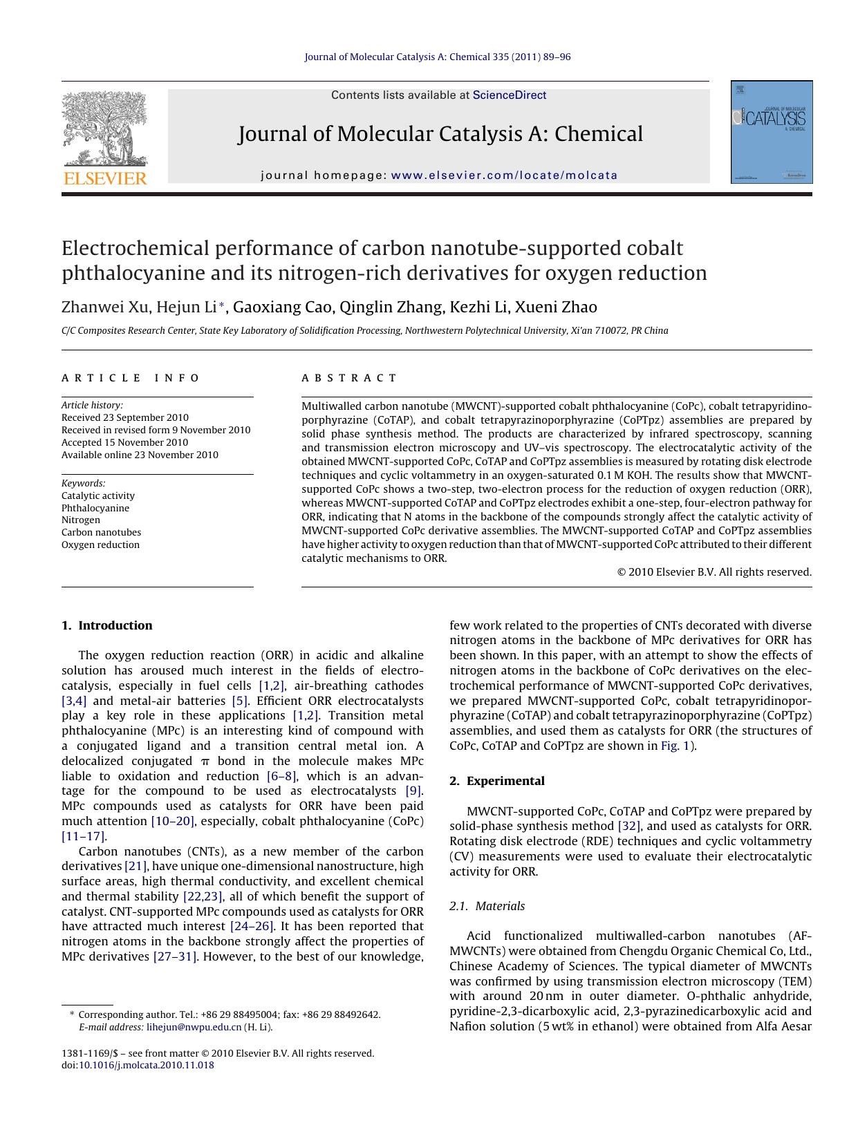Electrochemical performance of carbon nanotube-supported cobalt phthalocyanine and its nitrogen-rich derivatives for oxygen reduction by Zhanwei Xu