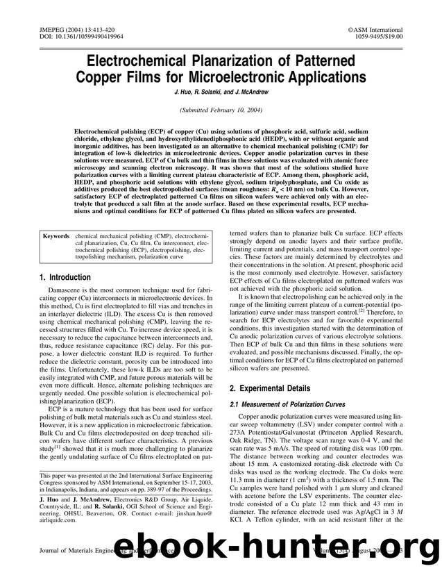 Electrochemical planarization of patterned copper films for microelectronic applications by Unknown