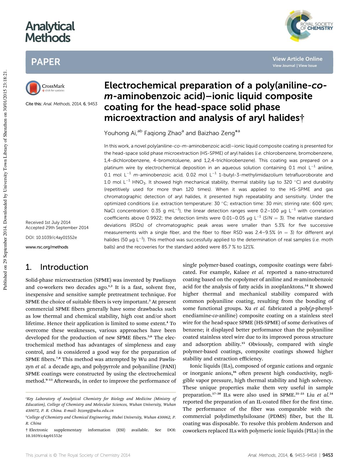 Electrochemical preparation of a poly(aniline-co-m-aminobenzoic acid)âionic liquid composite coating for the head-space solid phase microextraction and analysis of aryl halides by Youhong Ai & Faqiong Zhao & Baizhao Zeng