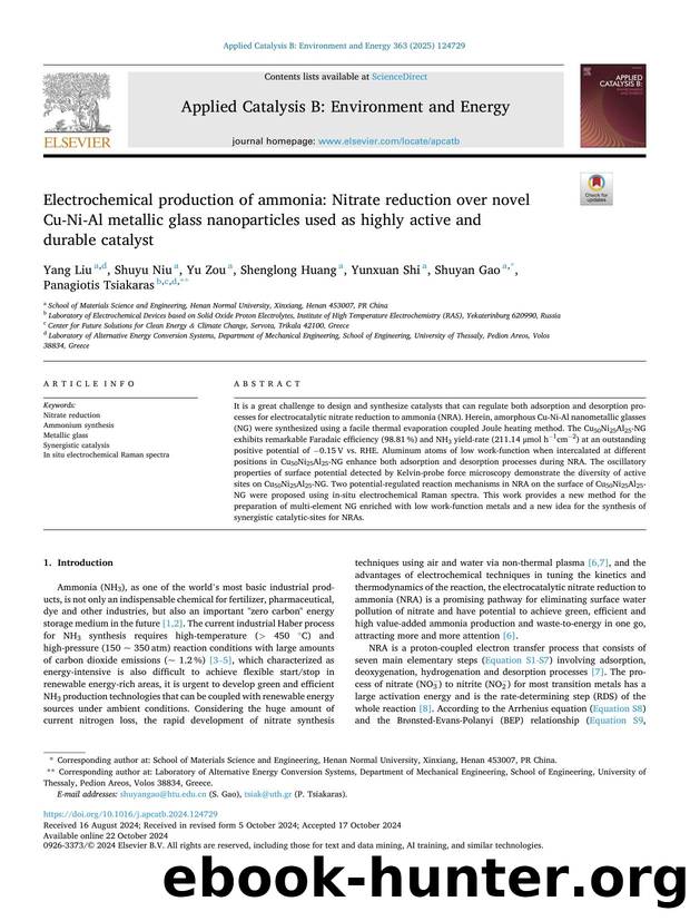 Electrochemical production of ammonia: Nitrate reduction over novel Cu-Ni-Al metallic glass nanoparticles used as highly active and durable catalyst by Yang Liu & Shuyu Niu & Yu Zou & Shenglong Huang & Yunxuan Shi & Shuyan Gao & Panagiotis Tsiakaras
