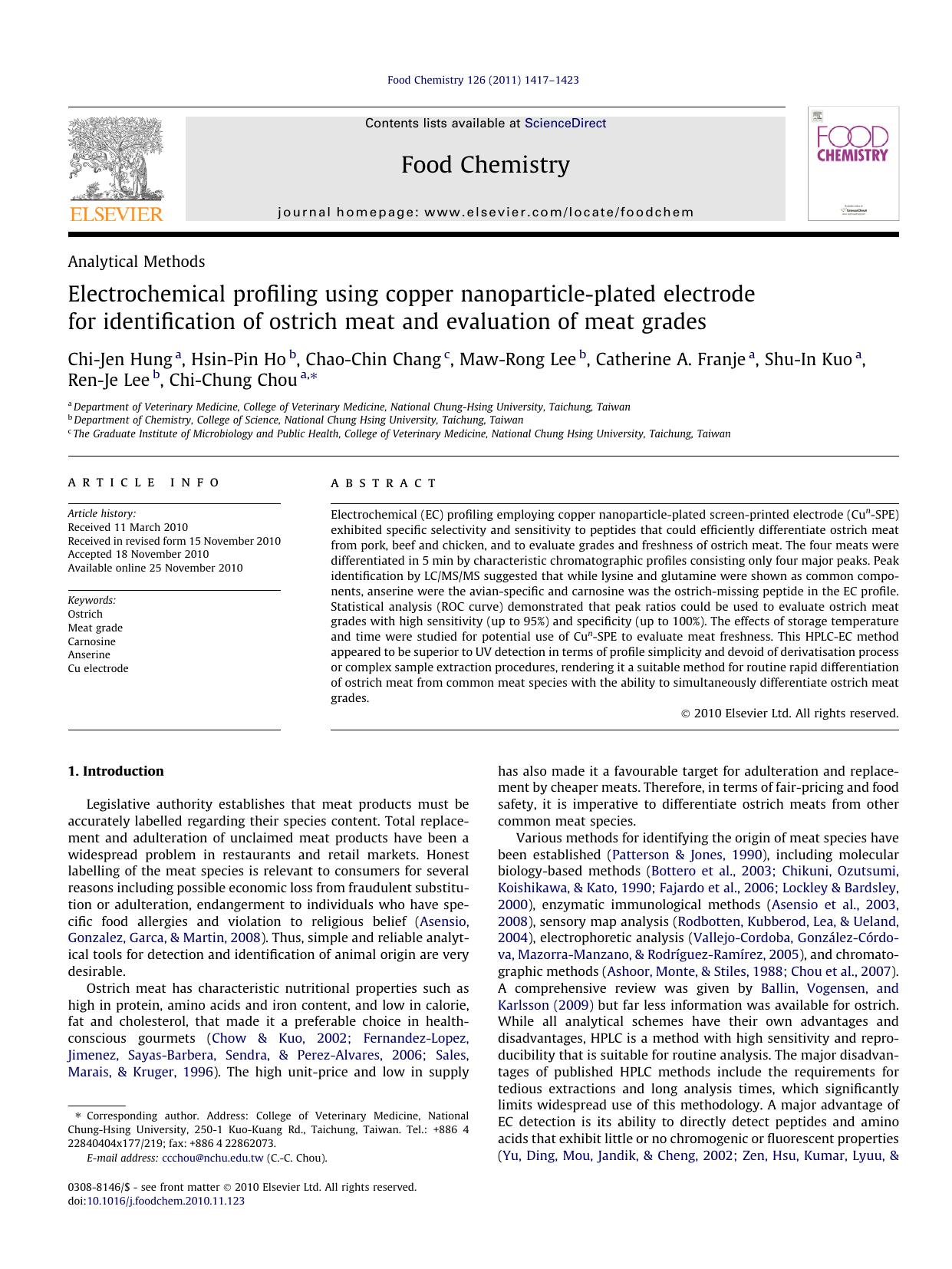 Electrochemical profiling using copper nanoparticle-plated electrode for identification of ostrich meat and evaluation of meat grades by unknow