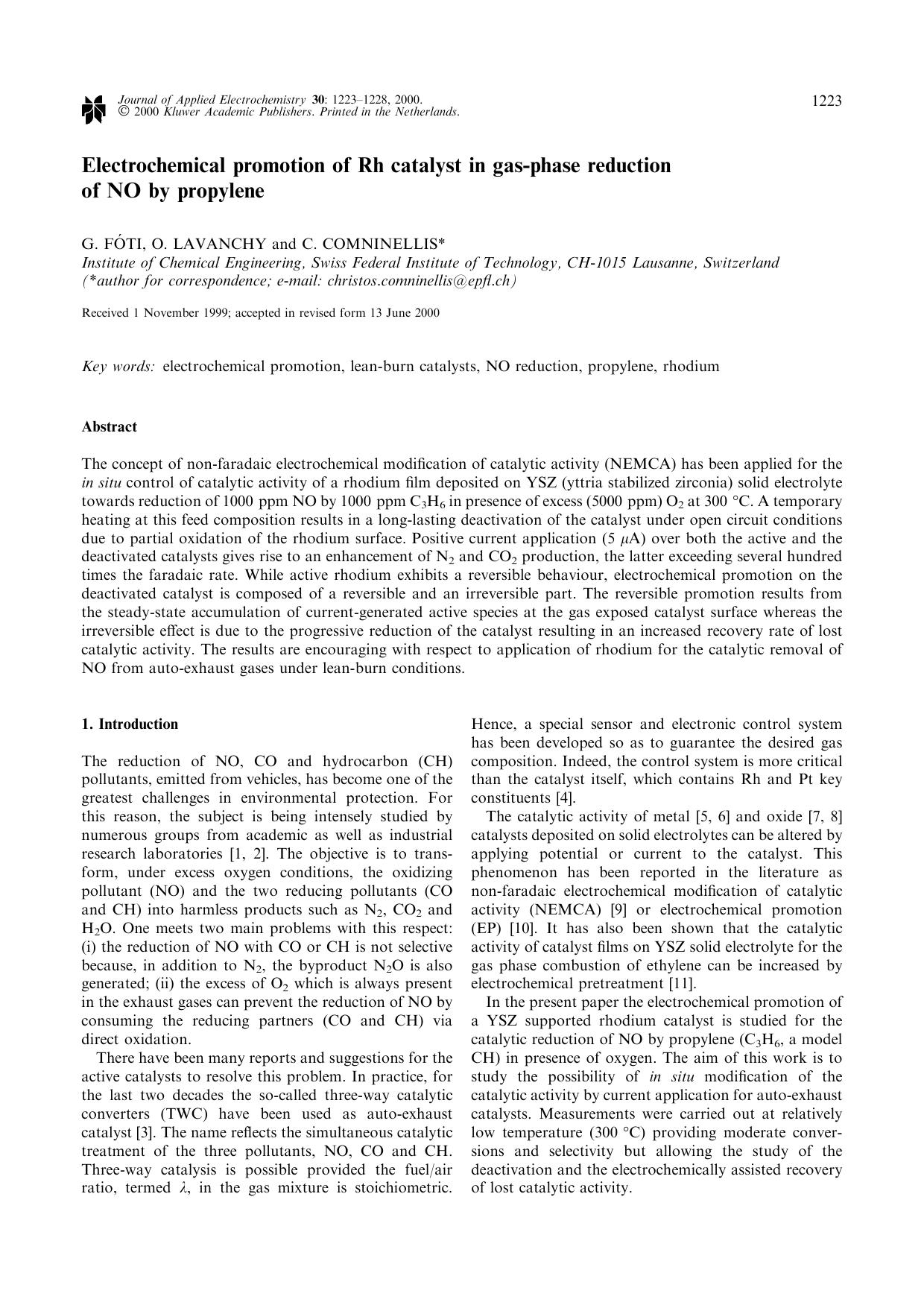 Electrochemical promotion of Rh catalyst in gas-phase reduction of NO by propylene by Unknown