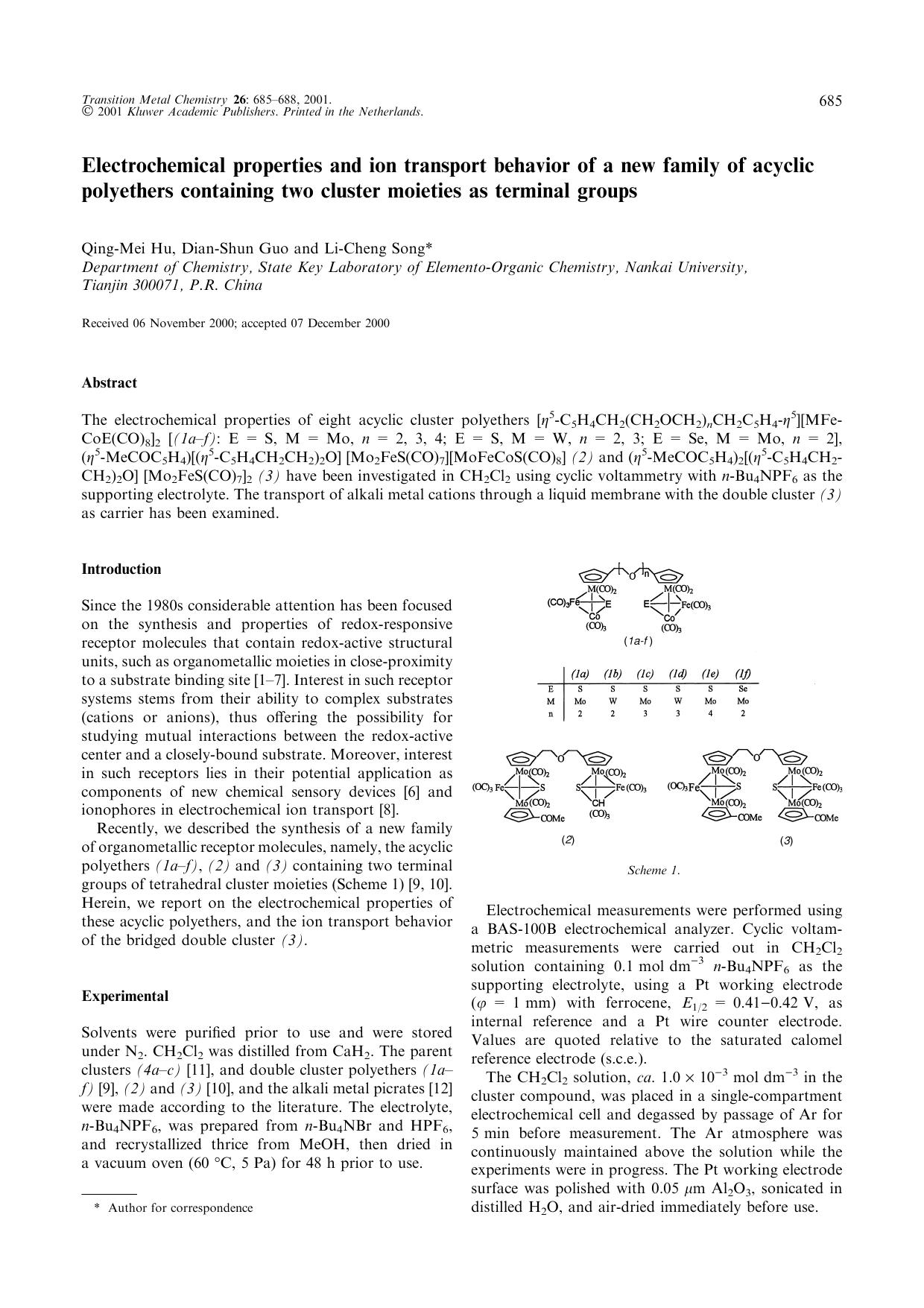 Electrochemical properties and ion transport behavior of a new family of acyclic polyethers containing two cluster moieties as terminal groups by Unknown