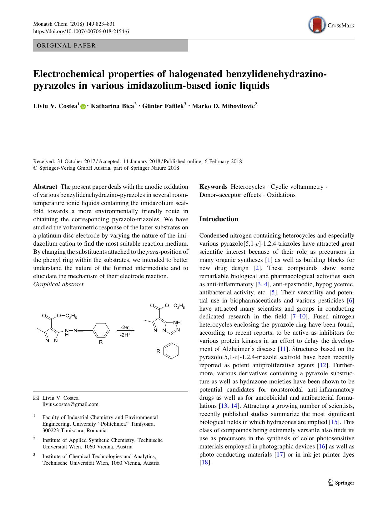 Electrochemical properties of halogenated benzylidenehydrazino-pyrazoles in various imidazolium-based ionic liquids by Liviu V. Costea & Katharina Bica & Günter Fafilek & Marko D. Mihovilovic
