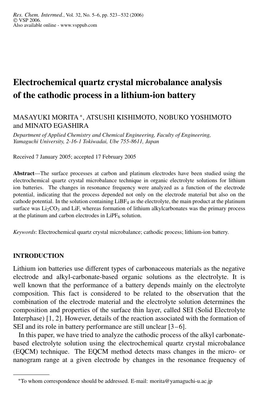 Electrochemical quartz crystal microbalance analysis of the cathodic process in a lithium-ion battery by Unknown