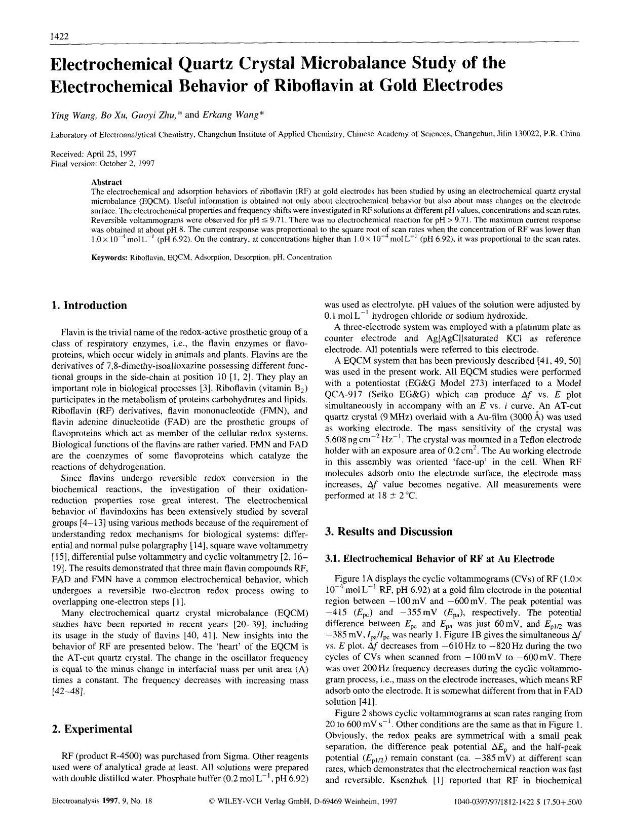 Electrochemical quartz crystal microbalance study of the electrochemical behavior of riboflavin at gold electrodes by Unknown
