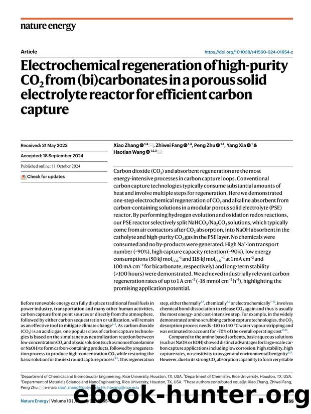 Electrochemical regeneration of high-purity CO2 from (bi)carbonates in a porous solid electrolyte reactor for efficient carbon capture by Xiao Zhang & Zhiwei Fang & Peng Zhu & Yang Xia & Haotian Wang