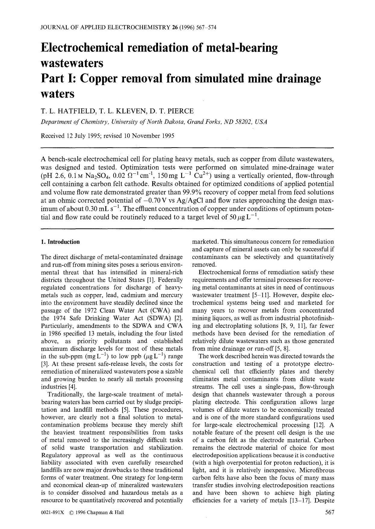 Electrochemical remediation of metal-bearing wastewaters Part I: Copper removal from simulated mine drainage waters by Unknown
