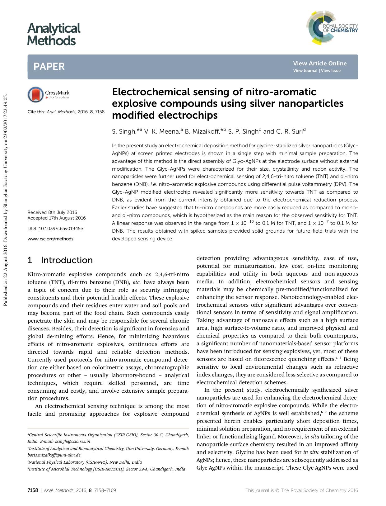 Electrochemical sensing of nitro-aromatic explosive compounds using silver nanoparticles modified electrochips by S. Singh & V. K. Meena & B. Mizaikoff & S. P. Singh & C. R. Suri
