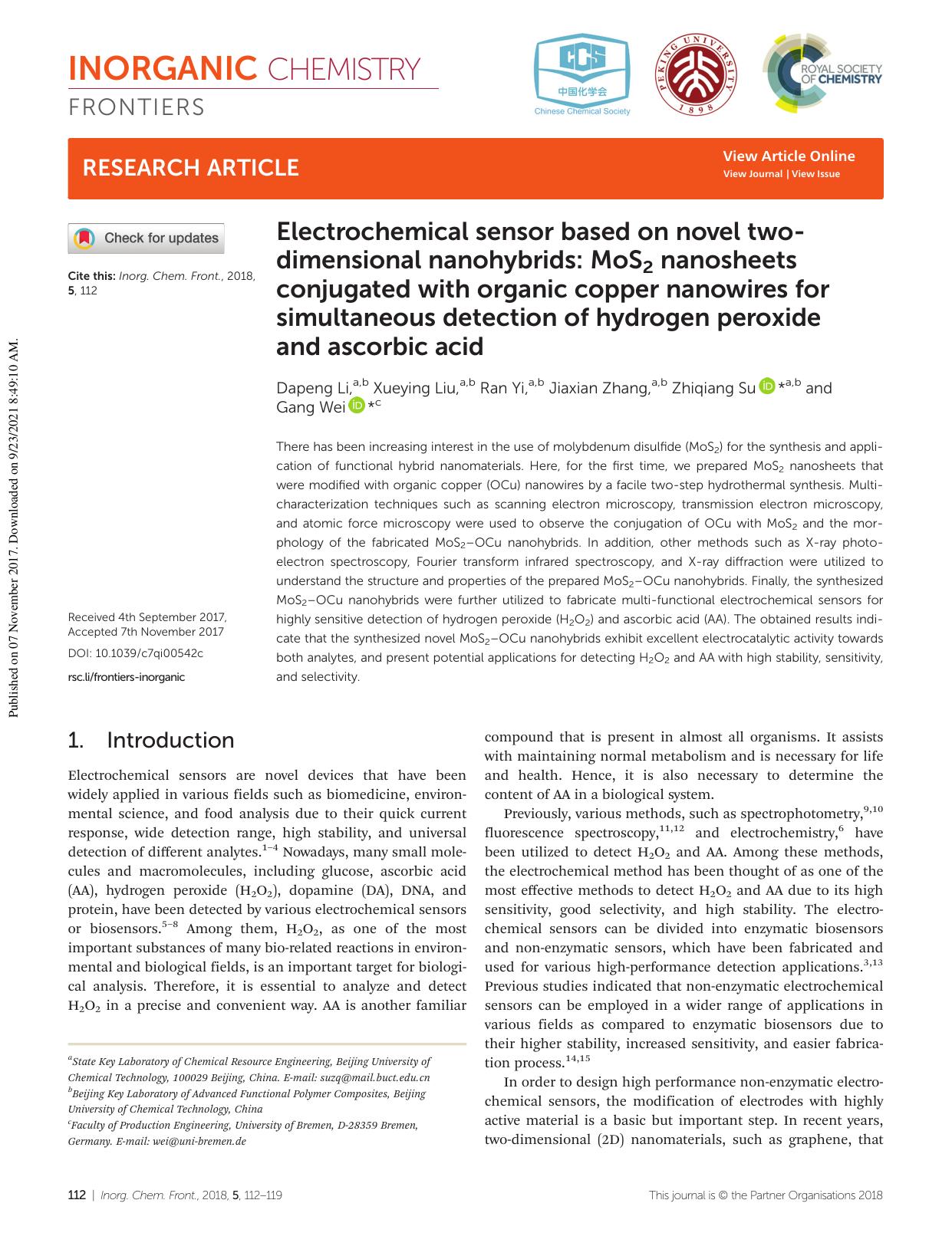 Electrochemical sensor based on novel two-dimensional nanohybrids: MoS2 nanosheets conjugated with organic copper nanowires for simultaneous detection of hydrogen peroxide and ascorbic acid by Dapeng Li Xueying Liu Ran Yi Jiaxian Zhang Zhiqiang Su Gang Wei