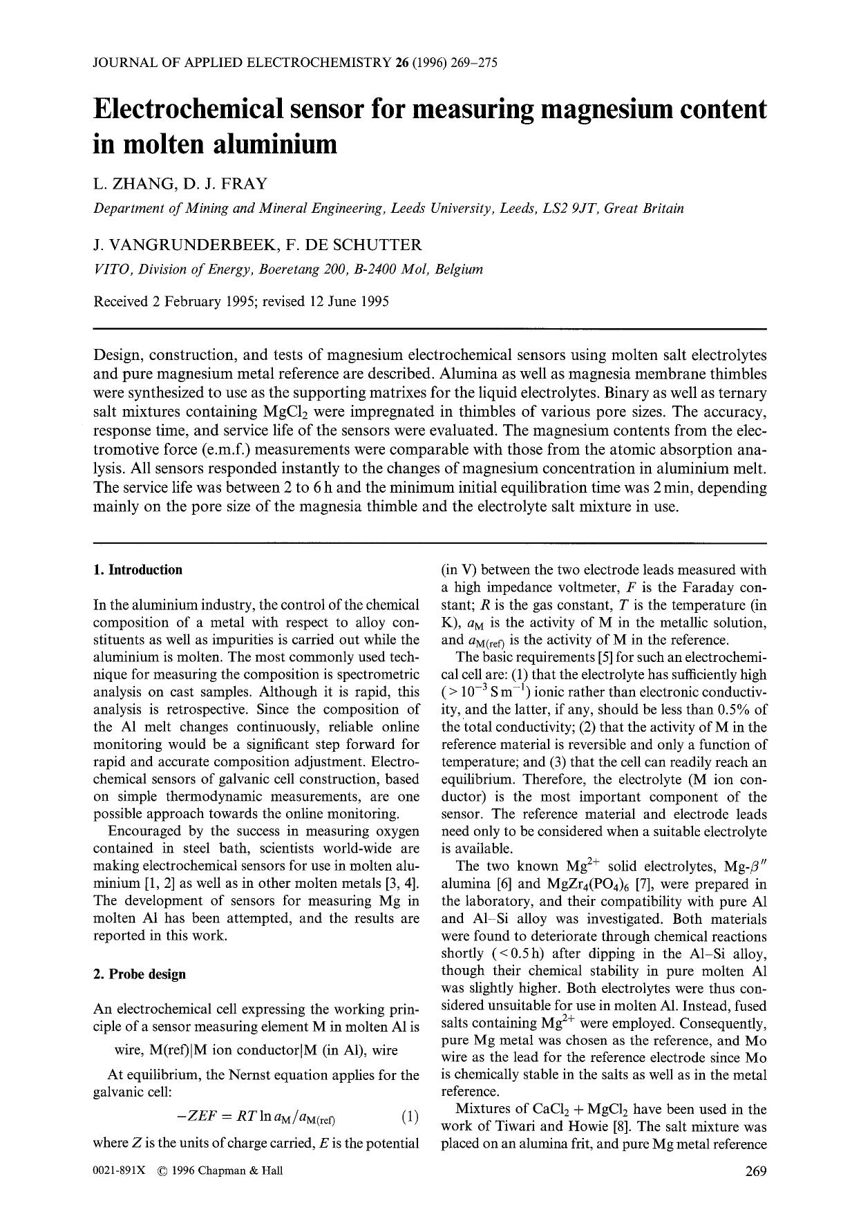 Electrochemical sensor for measuring magnesium content in molten aluminium by Unknown