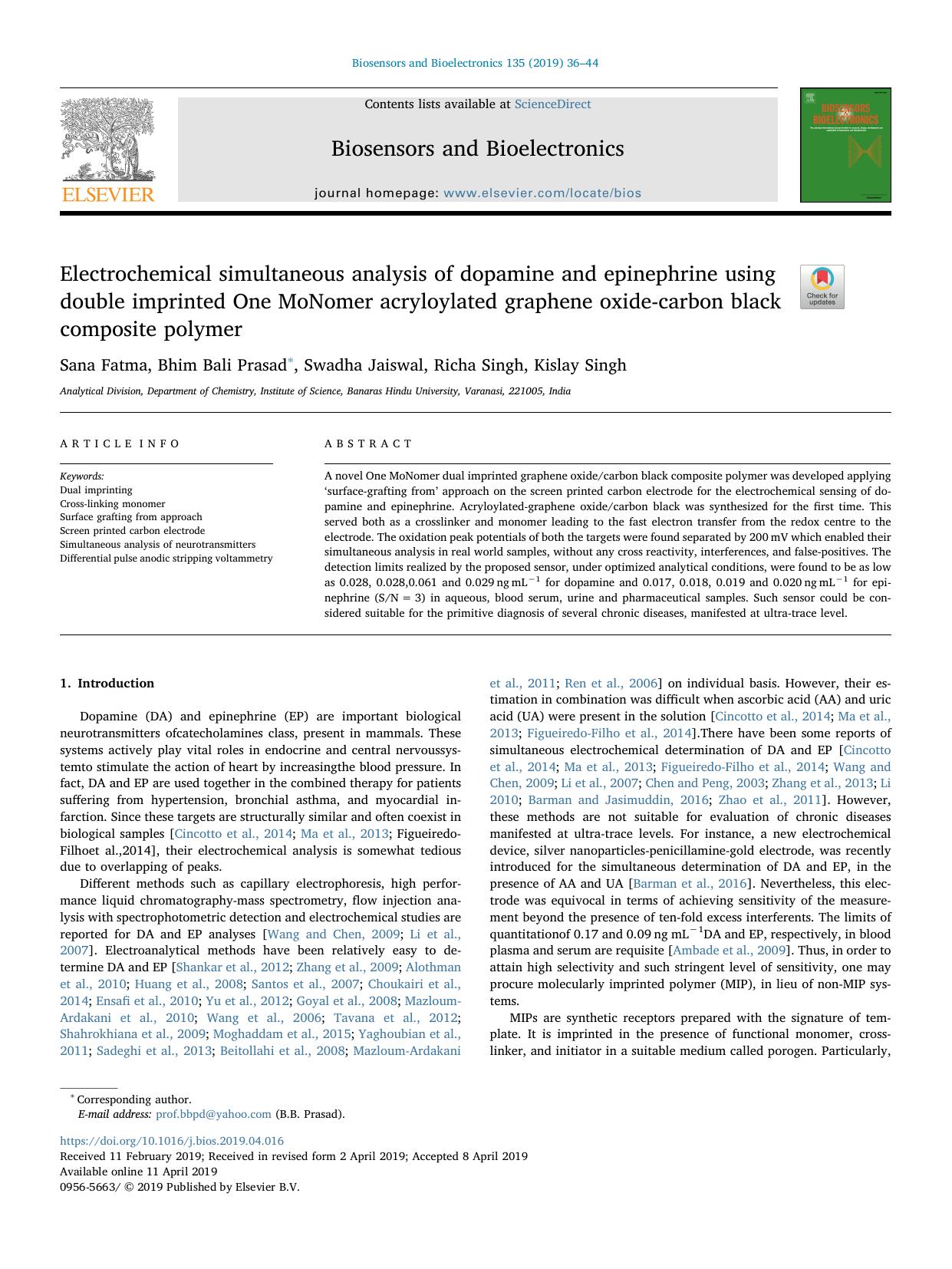 Electrochemical simultaneous analysis of dopamine and epinephrine using double imprinted One MoNomer acryloylated graphene oxide-carbon black composite polymer by Sana Fatma & Bhim Bali Prasad & Swadha Jaiswal & Richa Singh & Kislay Singh