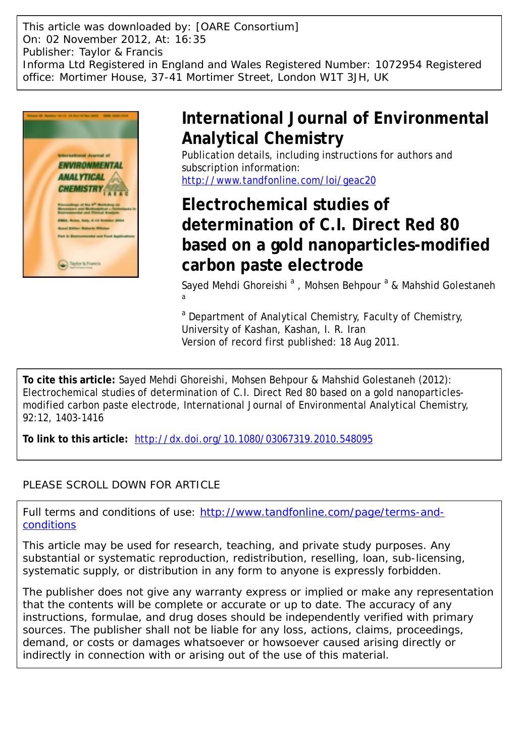 Electrochemical studies of determination of C.I. Direct Red 80 based on a gold nanoparticles-modified carbon paste electrode by Sayed Mehdi Ghoreishi Mohsen Behpour & Mahshid Golestaneh