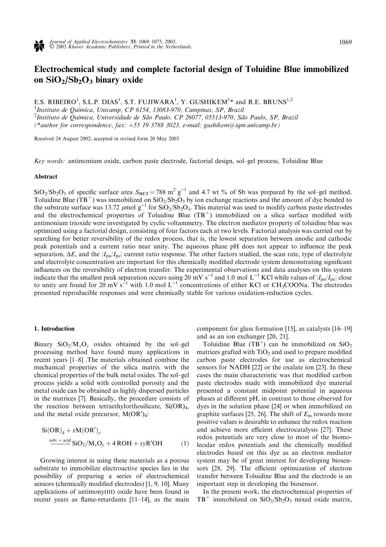 Electrochemical study and complete factorial design of Toluidine Blue immobilized on SiO<Subscript>2<Subscript>Sb<Subscript>2<Subscript>O<Subscript>3<Subscript> binary oxide by Unknown