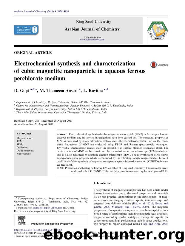 Electrochemical synthesis and characterization of cubic magnetite nanoparticle in aqueous ferrous perchlorate medium by D. Gopi & M. Thameem Ansari & L. Kavitha