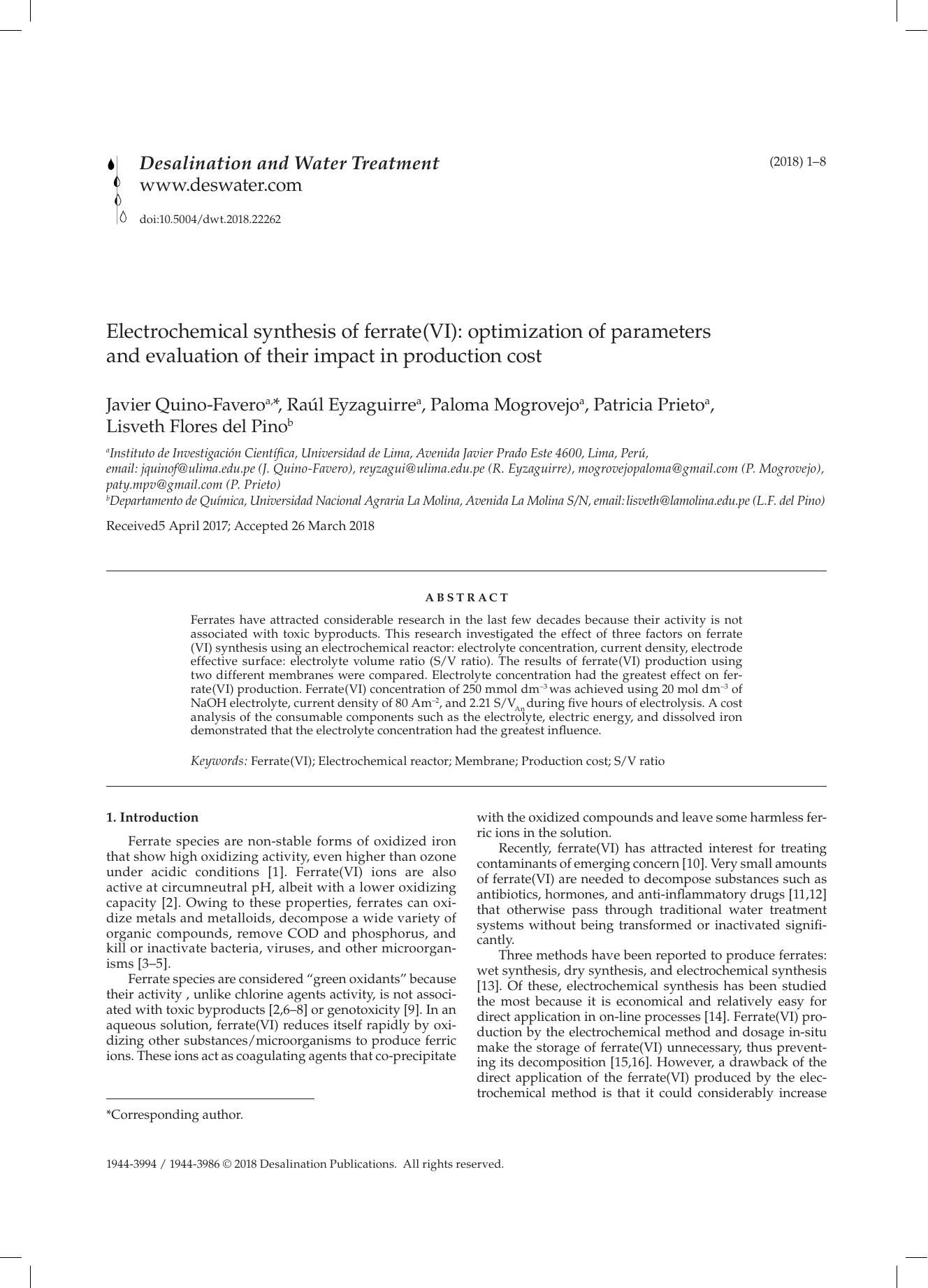 Electrochemical synthesis of ferrate(VI): optimization of parameters and evaluation of their impact in production cost by Javier Quino-Favero Raúl Eyzaguirre Paloma Mogrovejo Patricia Prieto Lisveth Flores del Pino