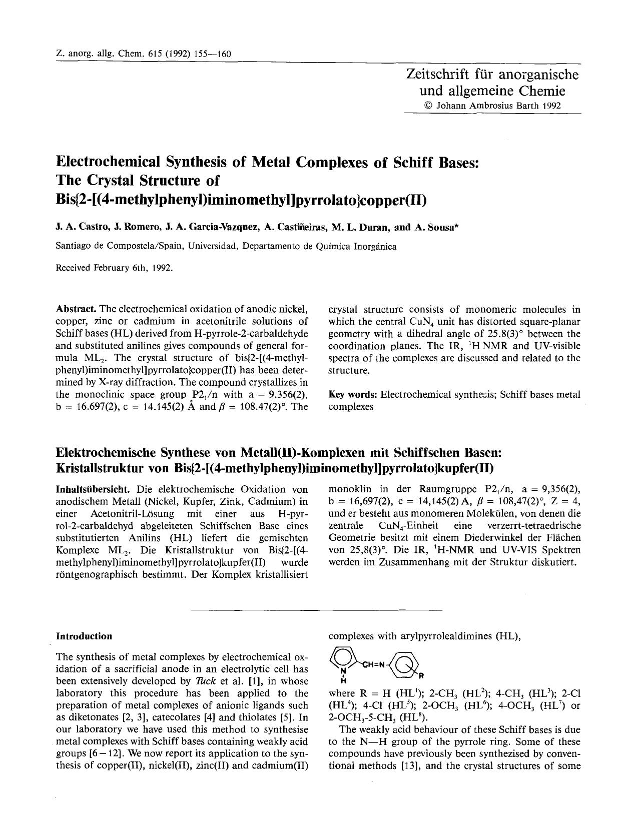 Electrochemical synthesis of metal complexes of schiff bases: The crystal structure of bis[lcub]2-[(4-methylphenyl)iminomethyl]pyrrolato[rcub]copper(II) by Unknown