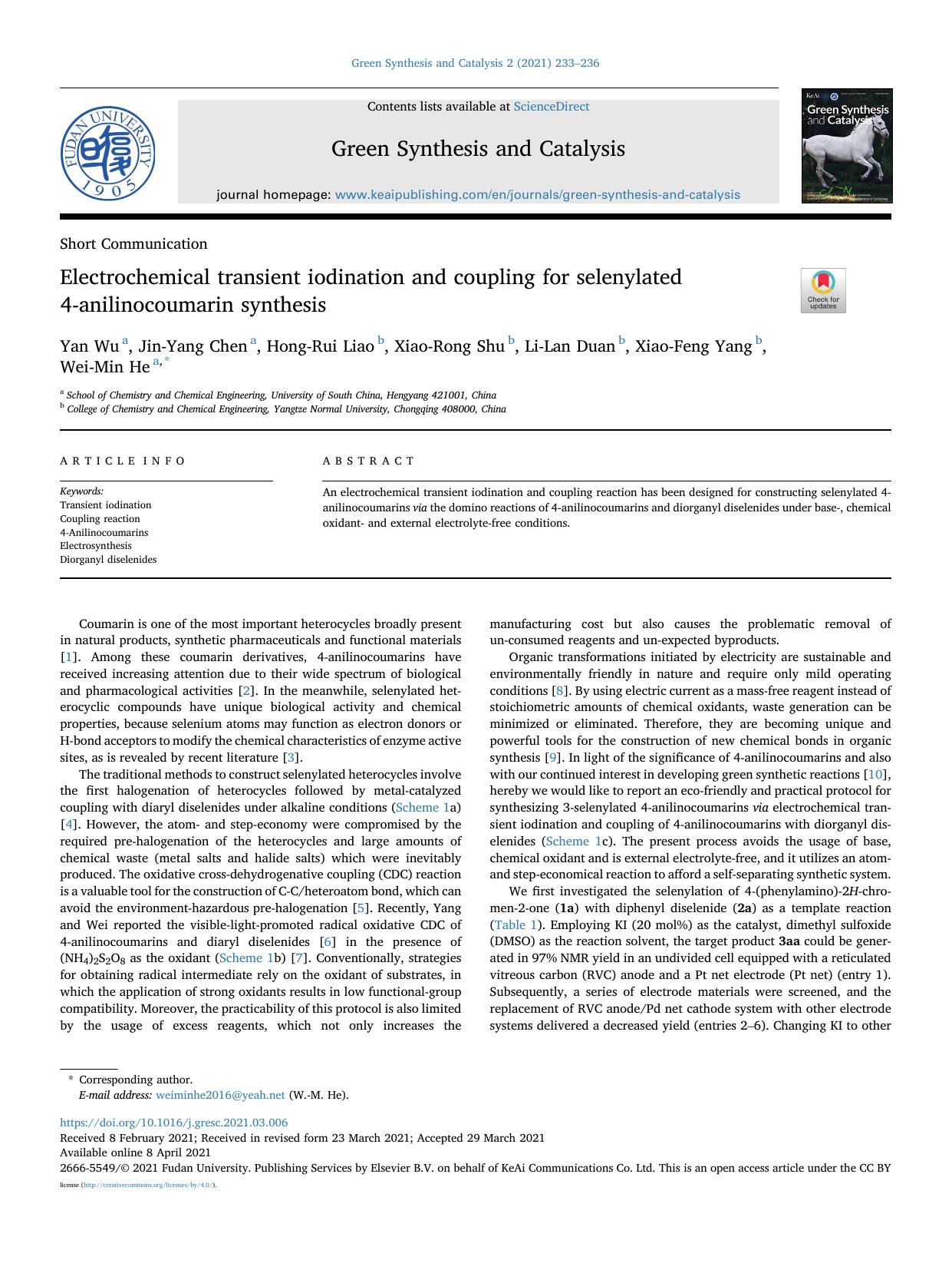 Electrochemical transient iodination and coupling for selenylated 4-anilinocoumarin synthesis by Yan Wu & Jin-Yang Chen & Hong-Rui Liao & Xiao-Rong Shu & Li-Lan Duan & Xiao-Feng Yang & Wei-Min He
