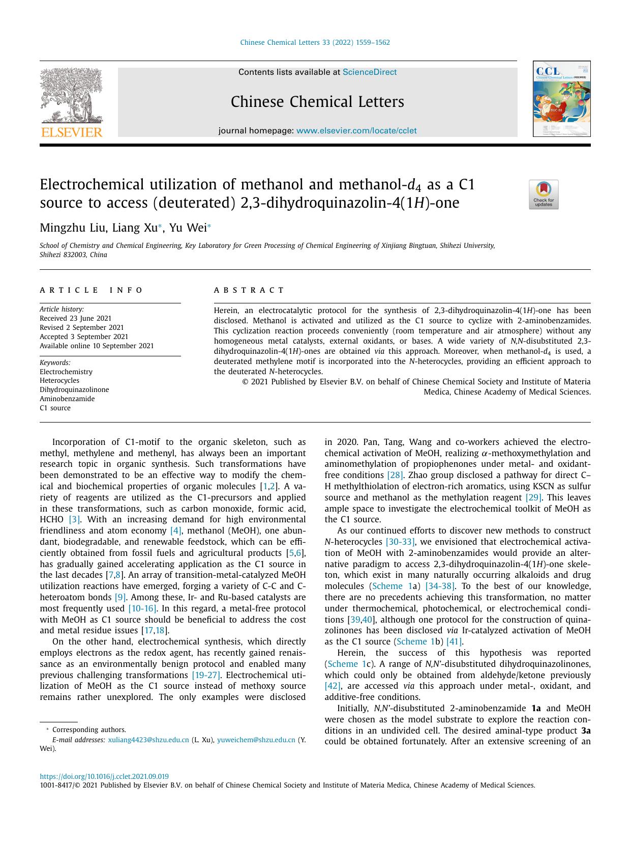 Electrochemical utilization of methanol and methanol-d4 as a C1 source to access (deuterated) 2,3-dihydroquinazolin-4(1H)-one by Mingzhu Liu & Liang Xu & Yu Wei