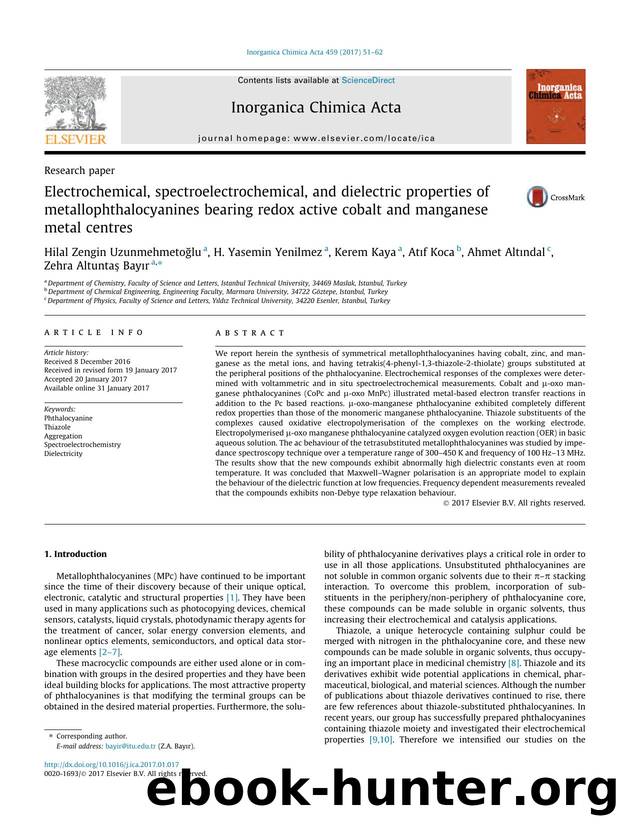 Electrochemical, spectroelectrochemical, and dielectric properties of metallophthalocyanines bearing redox active cobalt and manganese metal centres by unknow
