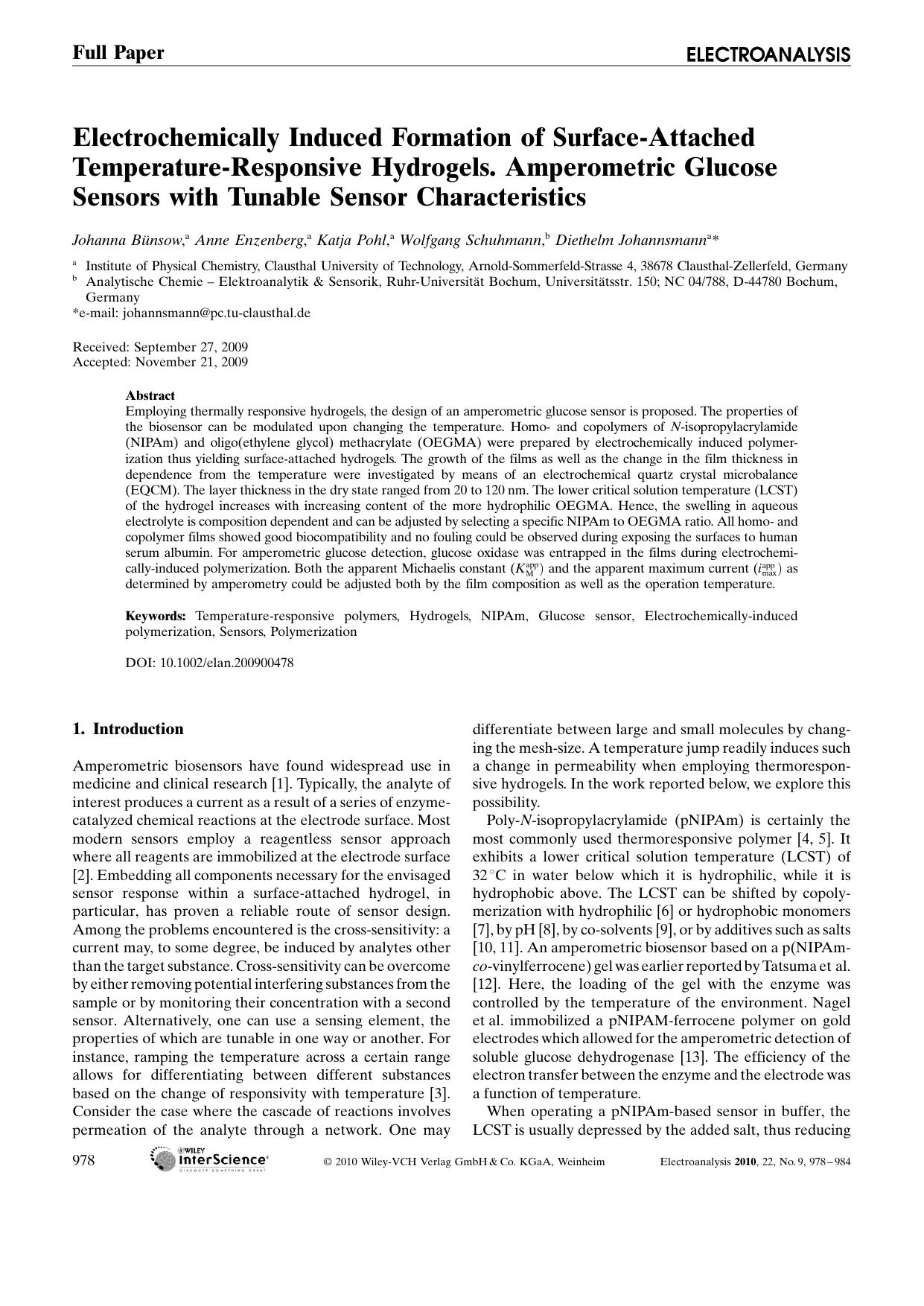 Electrochemically Induced Formation of Surface?Attached Temperature?Responsive Hydrogels. Amperometric Glucose Sensors with Tunable Sensor Characteristics by Unknown