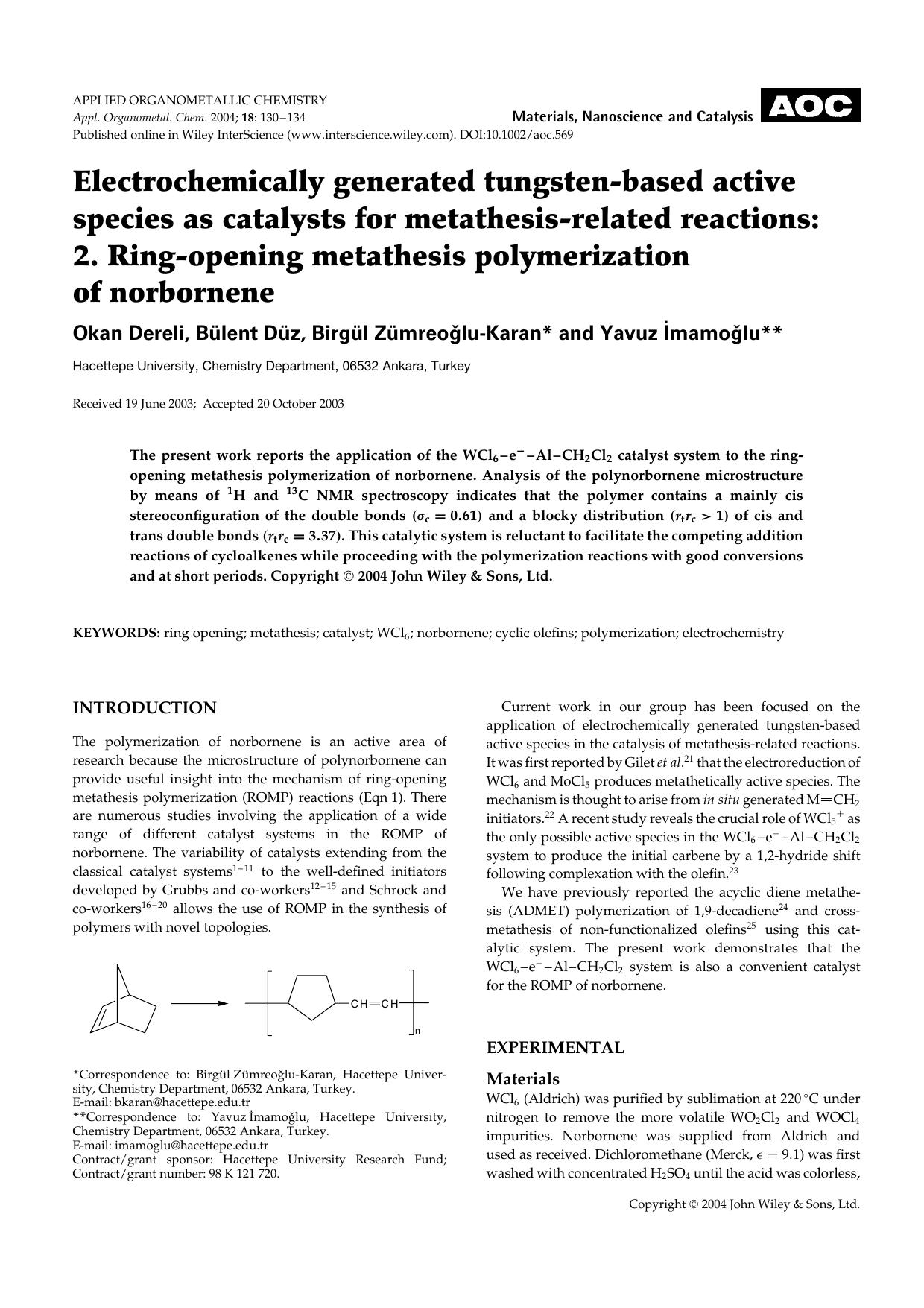 Electrochemically generated tungsten-based active species as catalysts for metathesis-related reactions: 2. Ring-opening metathesis polymerization of norbornene by Unknown