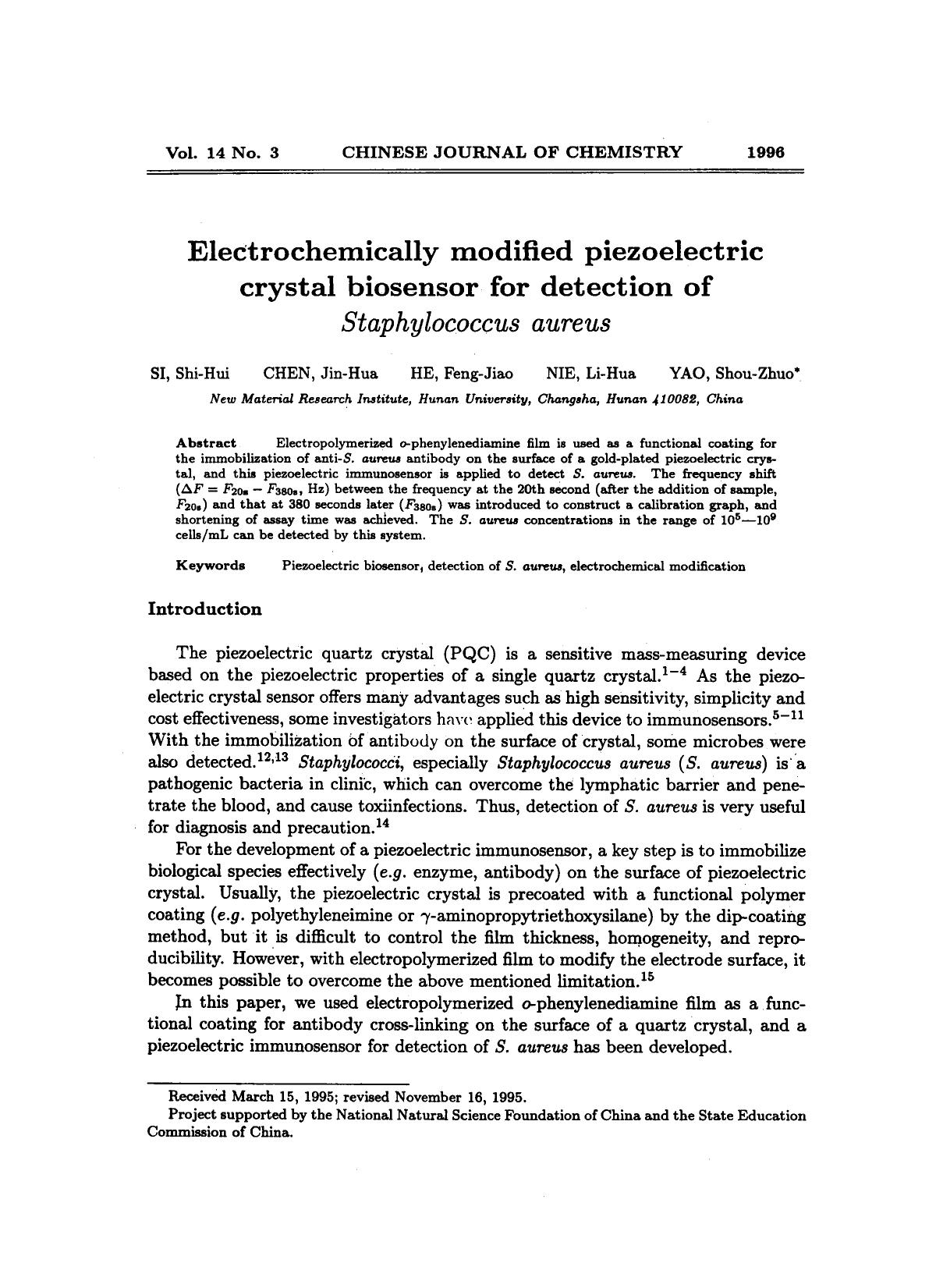 Electrochemically modified piezoelectric crystal biosensor for detection of Staphylococcus aureus by Unknown
