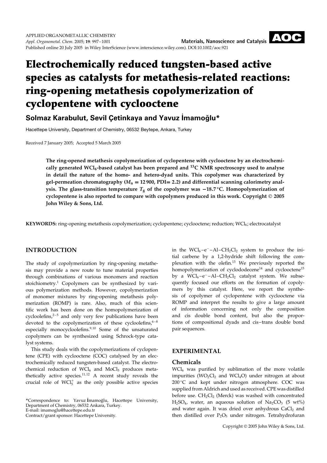 Electrochemically reduced tungsten-based active species as catalysts for metathesis-related reactions: ring-opening metathesis copolymerization of cyclopentene with cyclooctene by Unknown