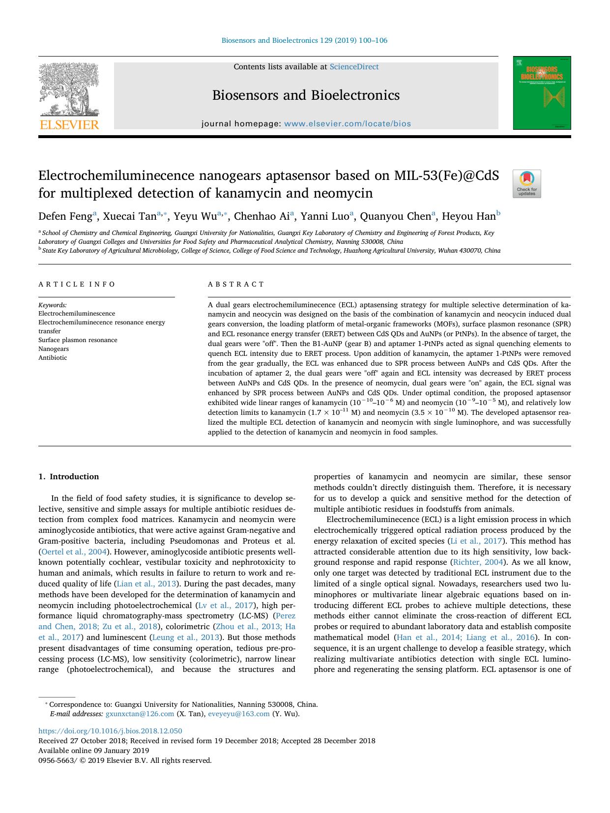 Electrochemiluminecence nanogears aptasensor based on MIL-53(Fe)@CdS for multiplexed detection of kanamycin and neomycin by Defen Feng & Xuecai Tan & Yeyu Wu & Chenhao Ai & Yanni Luo & Quanyou Chen & Heyou Han