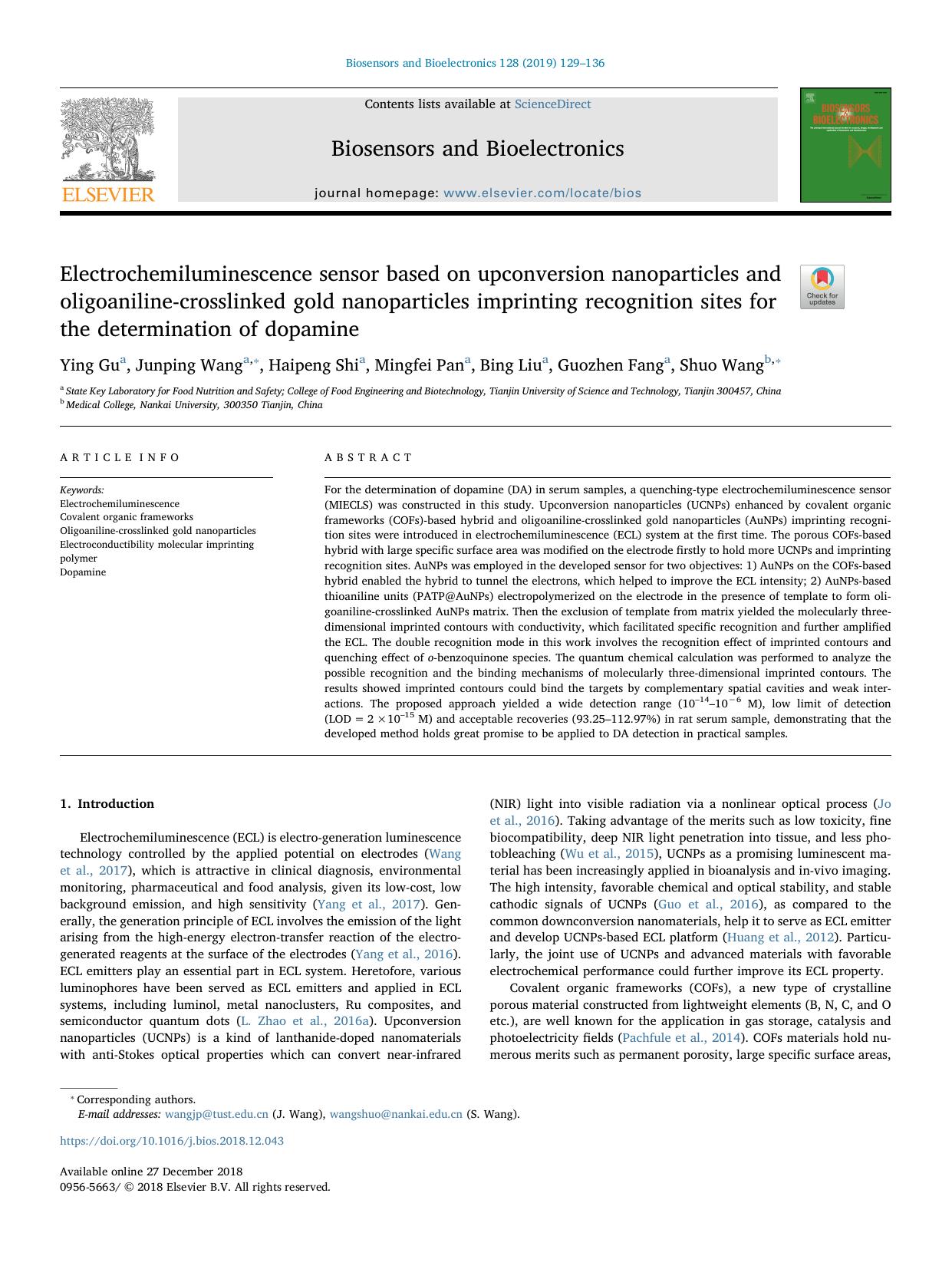 Electrochemiluminescence sensor based on upconversion nanoparticles and oligoaniline-crosslinked gold nanoparticles imprinting recognition sites for the determination of dopamine by Ying Gu & Junping Wang & Haipeng Shi & Mingfei Pan & Bing Liu & Guozhen Fang & Shuo Wang