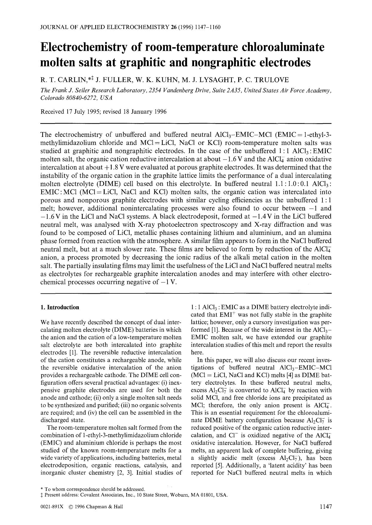 Electrochemistry of room-temperature chloroaluminate molten salts at graphitic and nongraphitic electrodes by Unknown