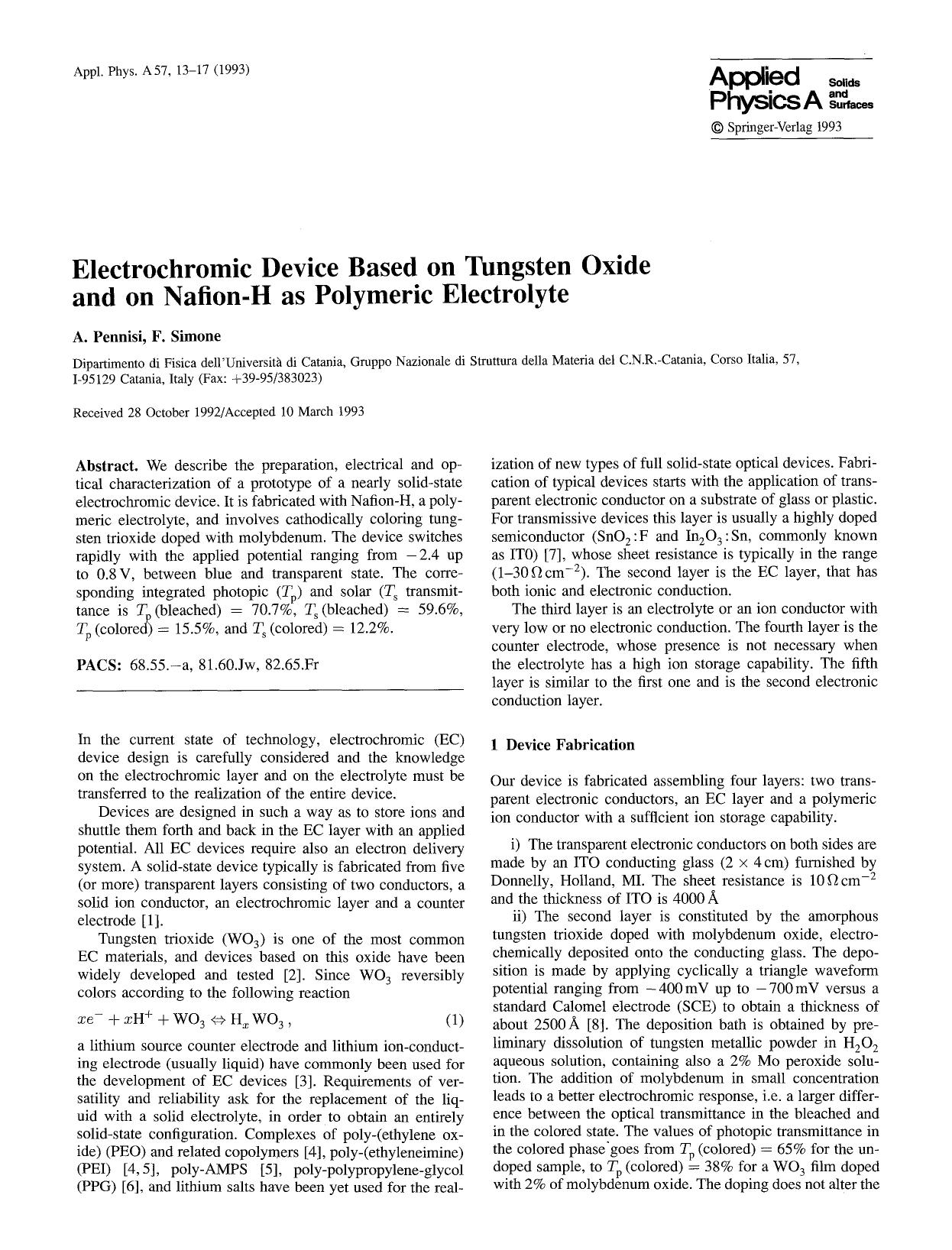 Electrochromic device based on tungsten oxide and on Nnfion-H as polymeric electrolyte by Unknown