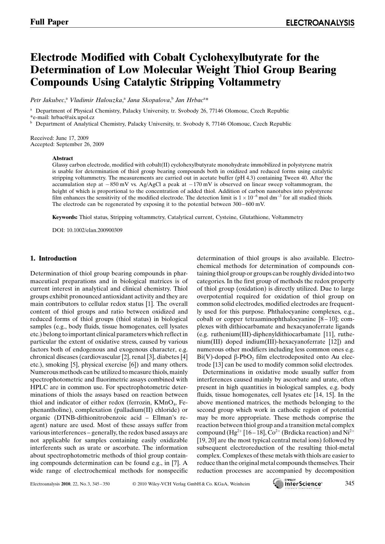 Electrode Modified with Cobalt Cyclohexylbutyrate for the Determination of Low Molecular Weight Thiol Group Bearing Compounds Using Catalytic Stripping Voltammetry by Unknown