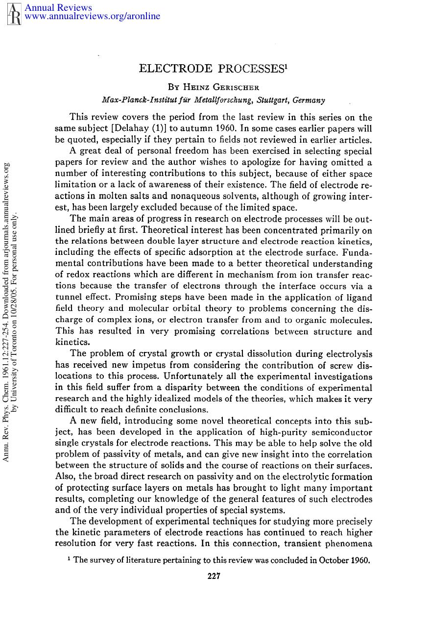 Electrode Processes by H Gerischer