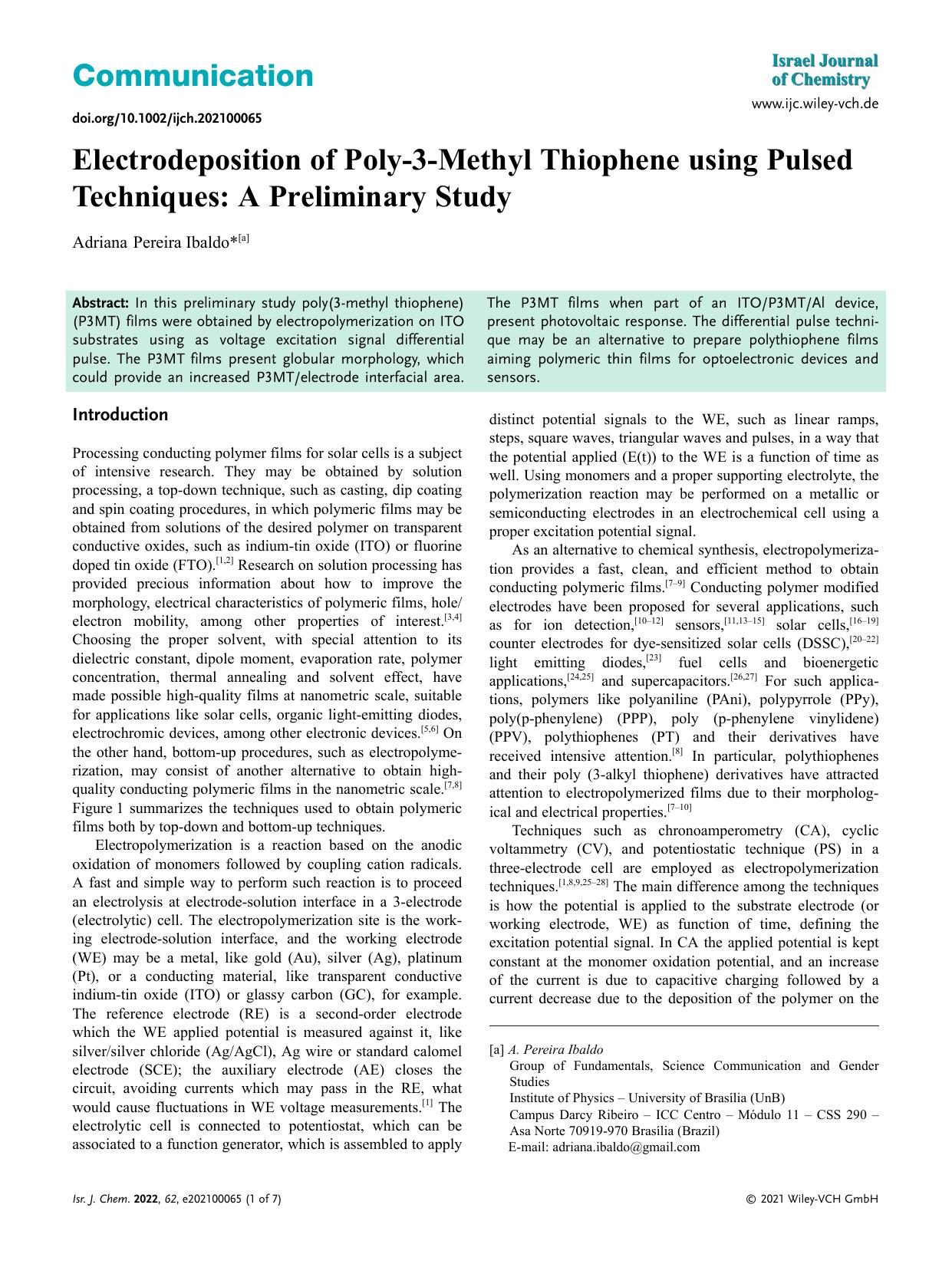 Electrodeposition of Polyâ3âMethyl Thiophene using Pulsed Techniques: A Preliminary Study by Unknown