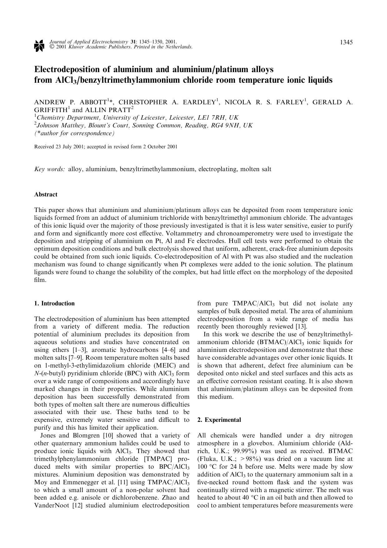 Electrodeposition of aluminium and aluminiumplatinum alloys from AlCl<Subscript>3<Subscript>benzyltrimethylammonium chloride room temperature ionic liquids by Unknown