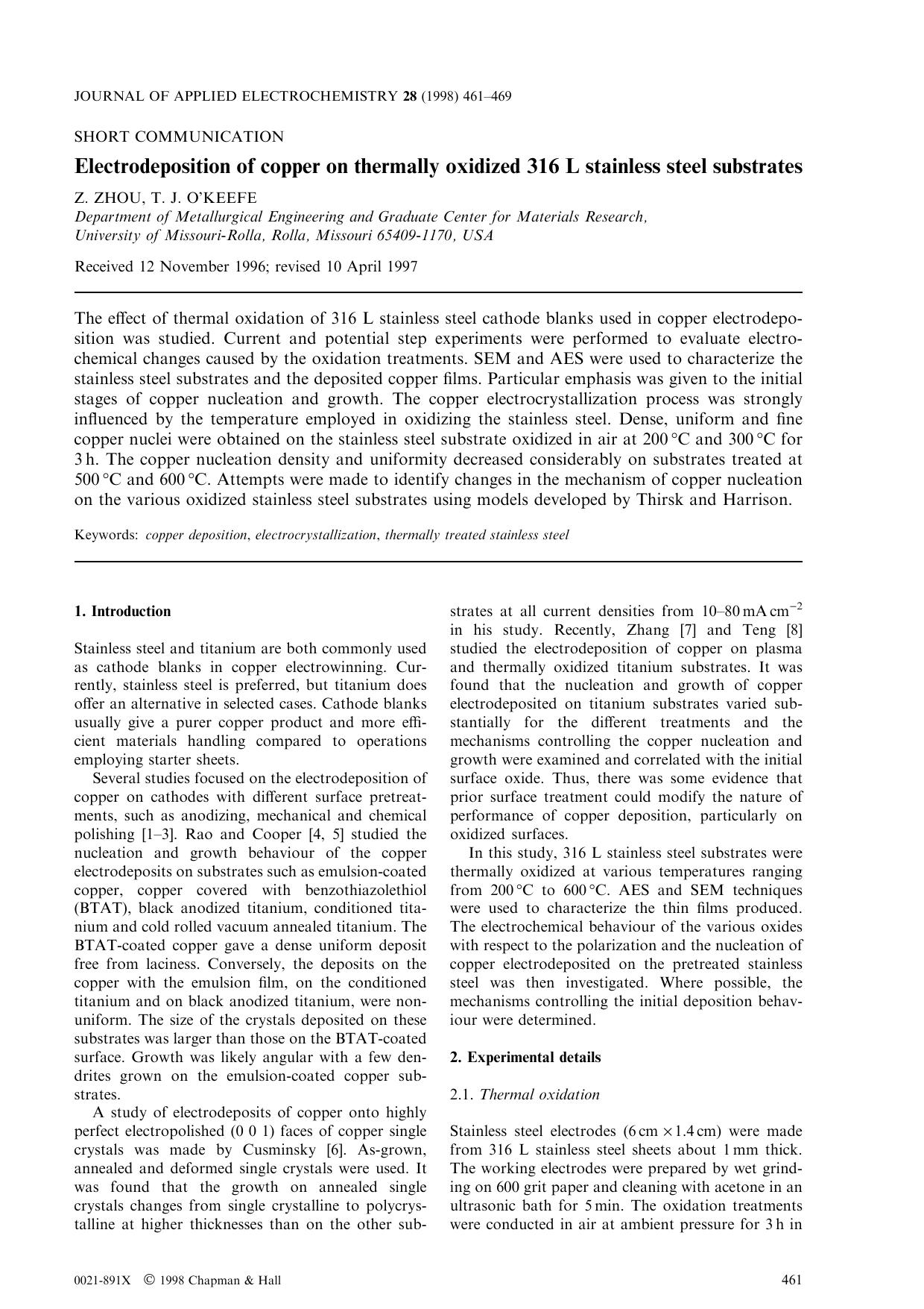 Electrodeposition of copper on thermally oxidized 316 L stainless steel substrates by Unknown