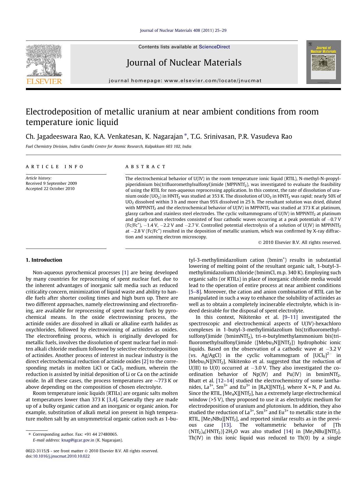 Electrodeposition of metallic uranium at near ambient conditions from room temperature ionic liquid by Ch. Jagadeeswara Rao & K.A. Venkatesan & K. Nagarajan & T.G. Srinivasan & P.R. Vasudeva Rao