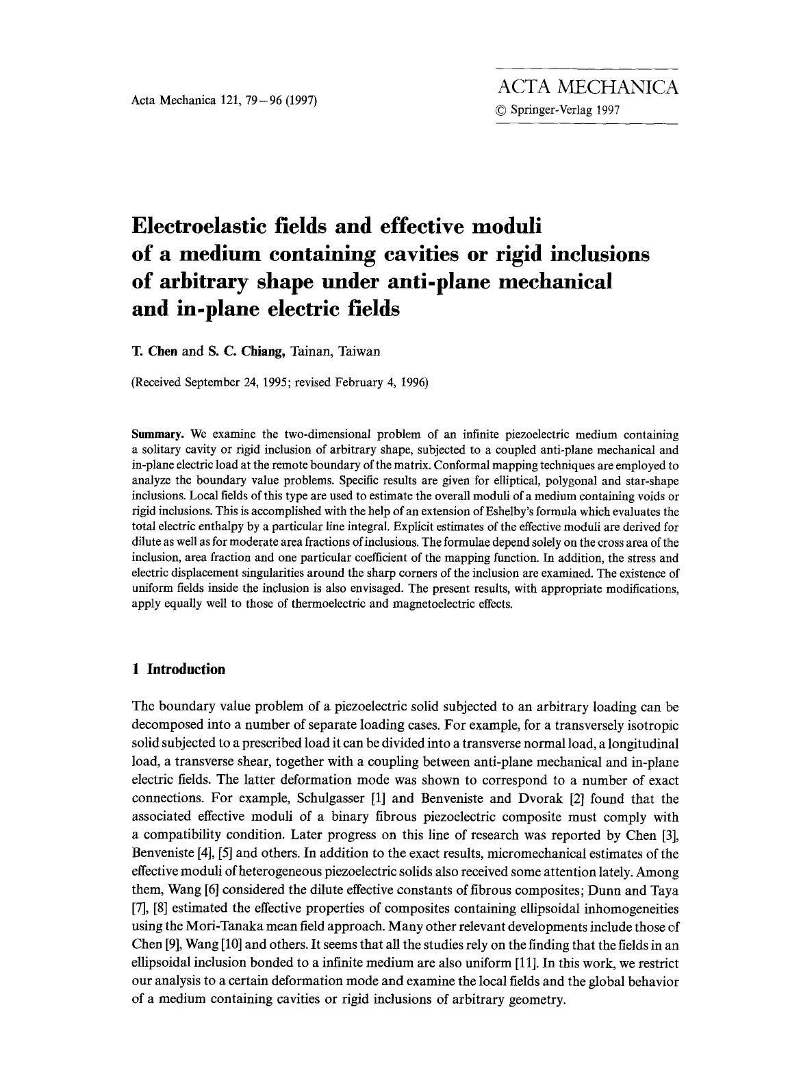 Electroelastic fields and effective moduli of a medium containing cavities or rigid inclusions of arbitrary shape under anti-plane mechanical and in-plane electric fields by Unknown