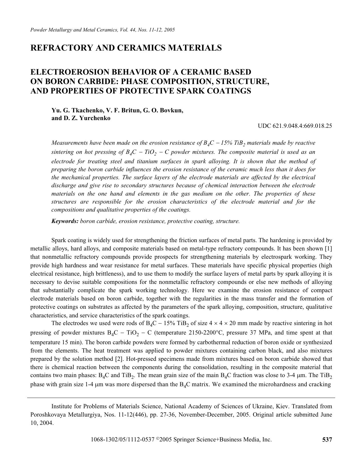 Electroerosion behavior of a ceramic based on boron carbide: Phase composition, structure, and properties of protective spark coatings by Unknown