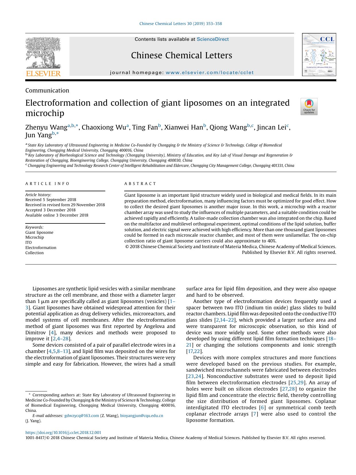 Electroformation and collection of giant liposomes on an integrated microchip by Zhenyu Wang & Chaoxiong Wu & Ting Fan & Xianwei Han & Qiong Wang & Jincan Lei & Jun Yang