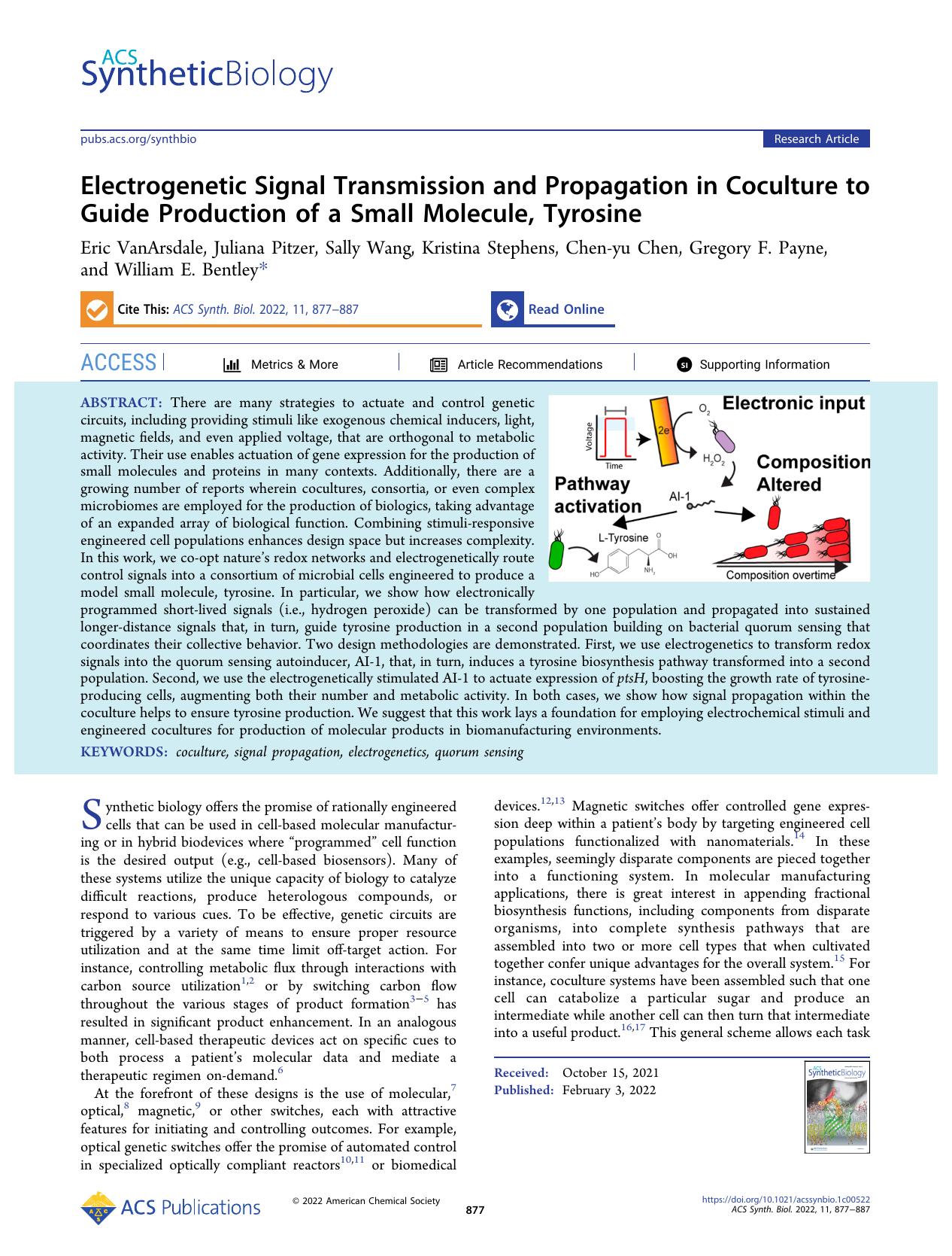 Electrogenetic Signal Transmission and Propagation in Coculture to Guide Production of a Small Molecule, Tyrosine by unknow