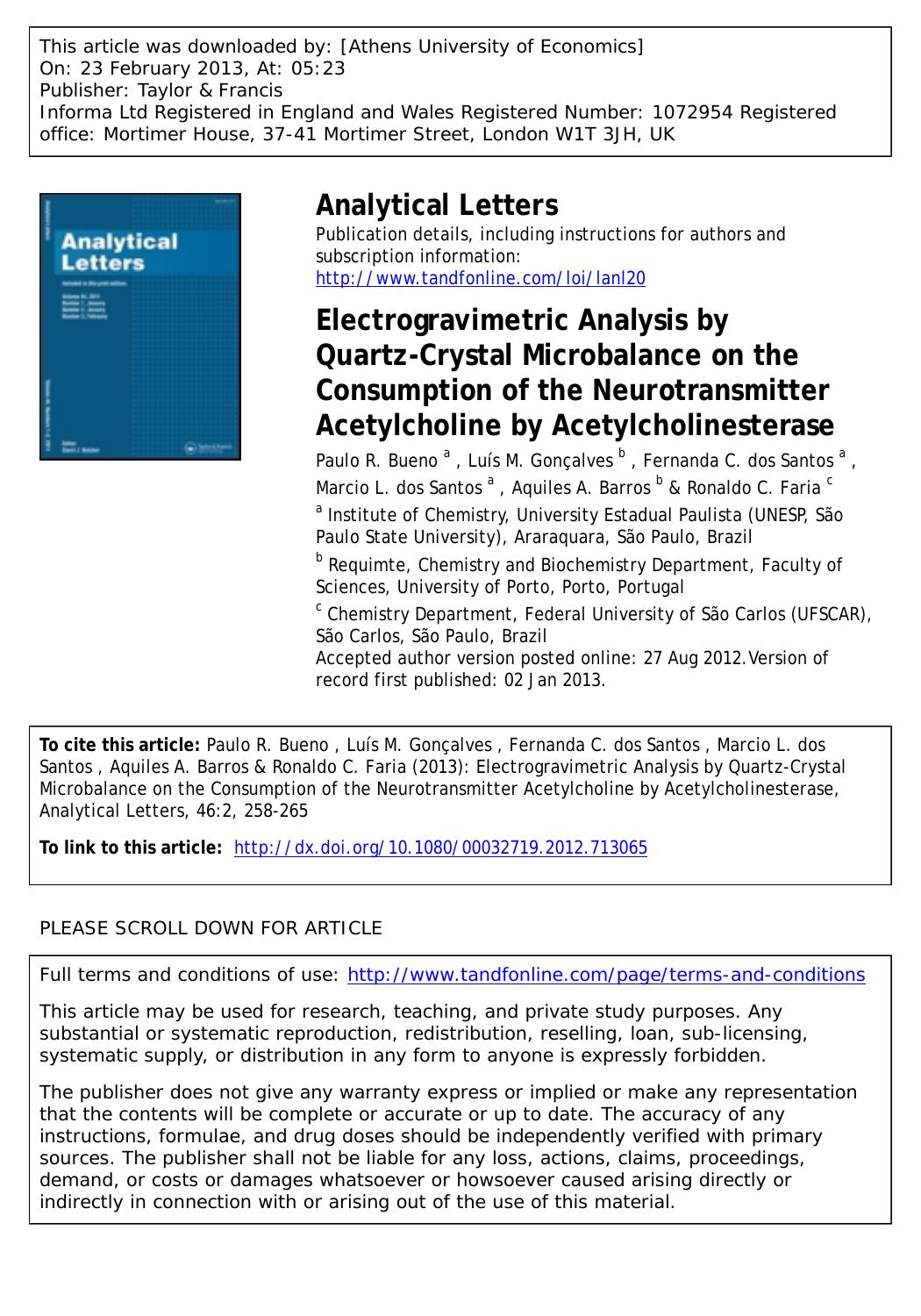 Electrogravimetric Analysis by Quartz-Crystal Microbalance on the Consumption of the Neurotransmitter Acetylcholine by Acetylcholinesterase by unknow