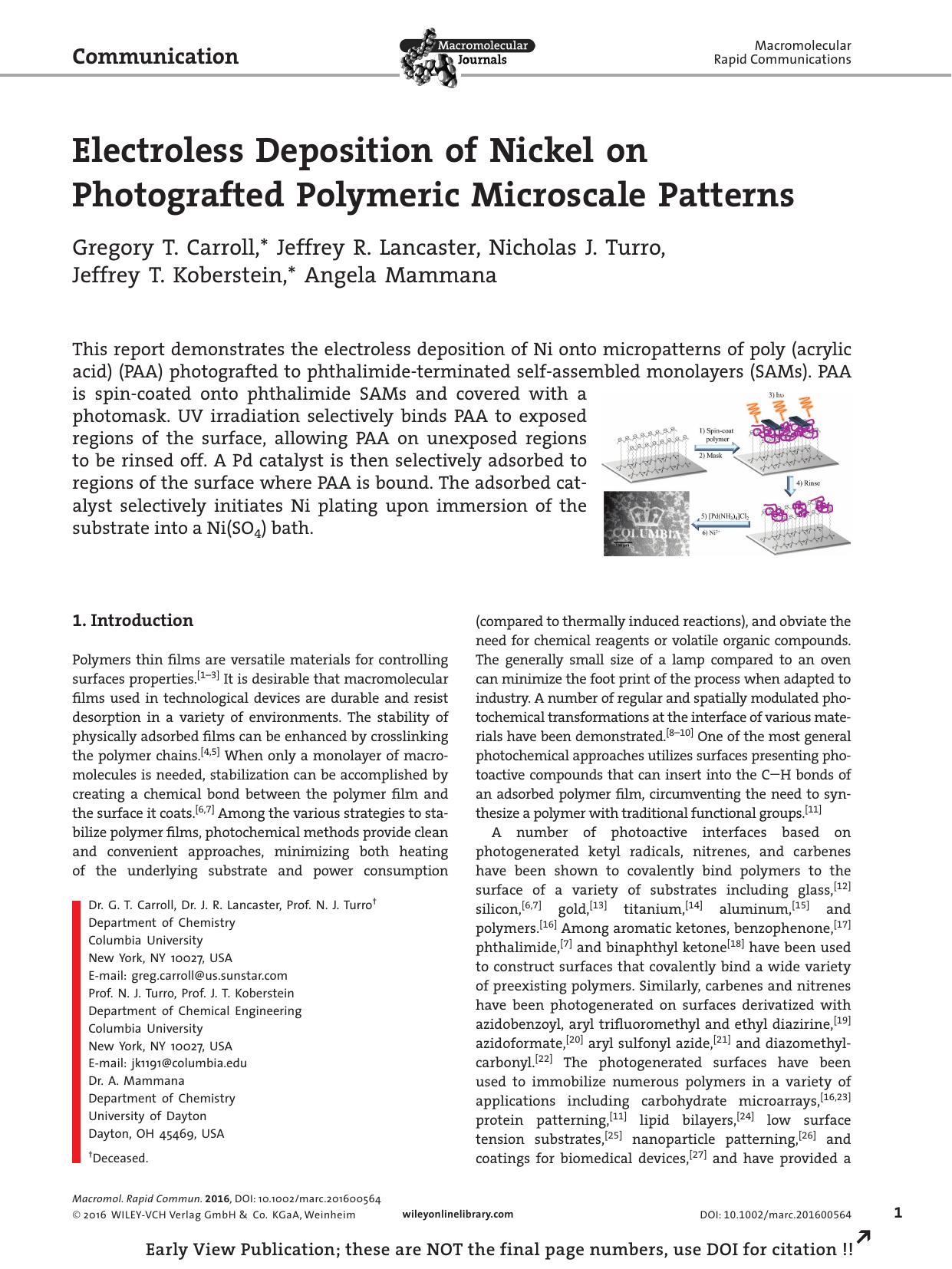 Electroless Deposition of Nickel on Photografted Polymeric Microscale Patterns by Unknown