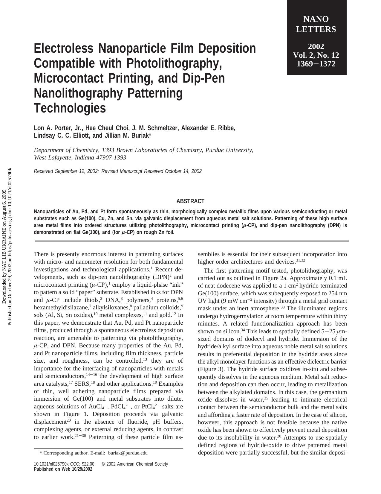 Electroless Nanoparticle Film Deposition Compatible with Photolithography, Microcontact Printing, and Dip-Pen Nanolithography Patterning Technologies by unknow
