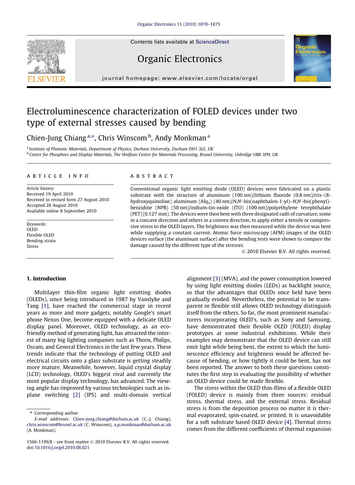 Electroluminescence characterization of FOLED devices under two type of external stresses caused by bending by Chien-Jung Chiang & Chris Winscom & Andy Monkman