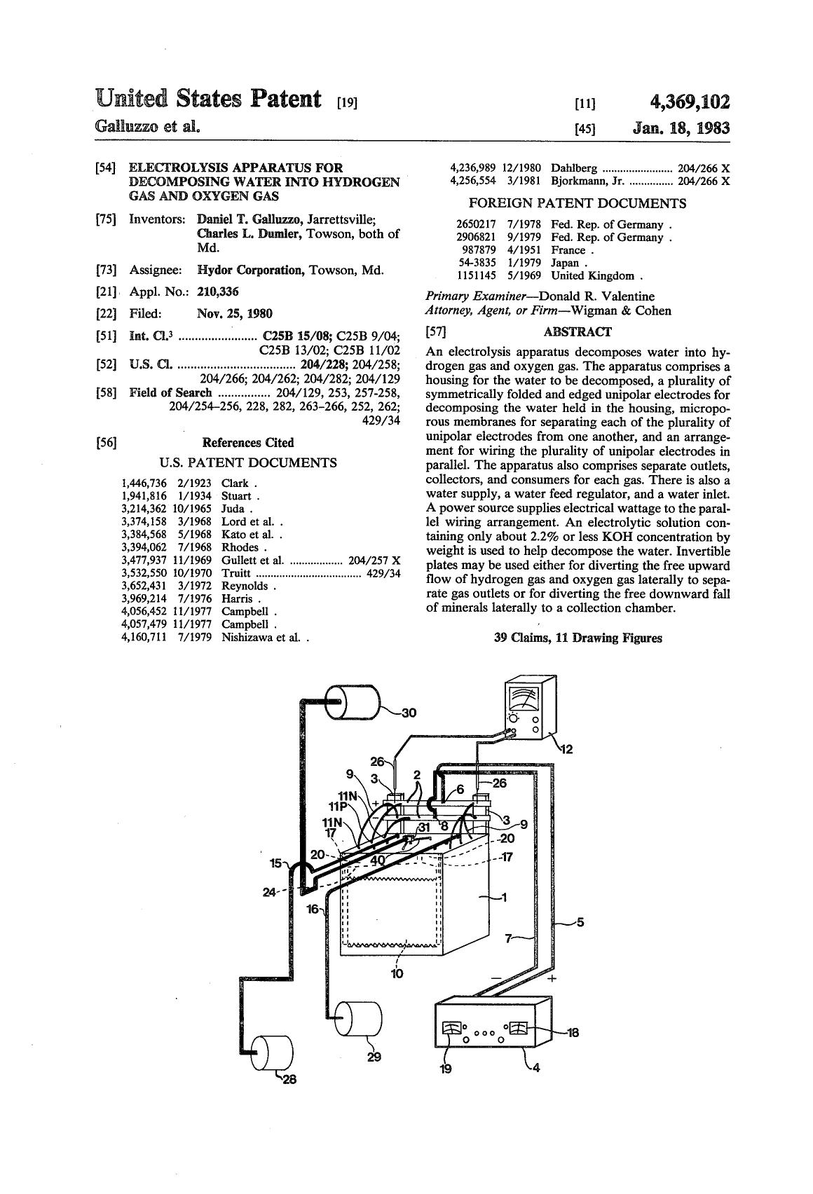Electrolysis apparatus for decomposing water into hydrogen gas and oxygen gas by Daniel T. Galluzzo Charles L. Dumler