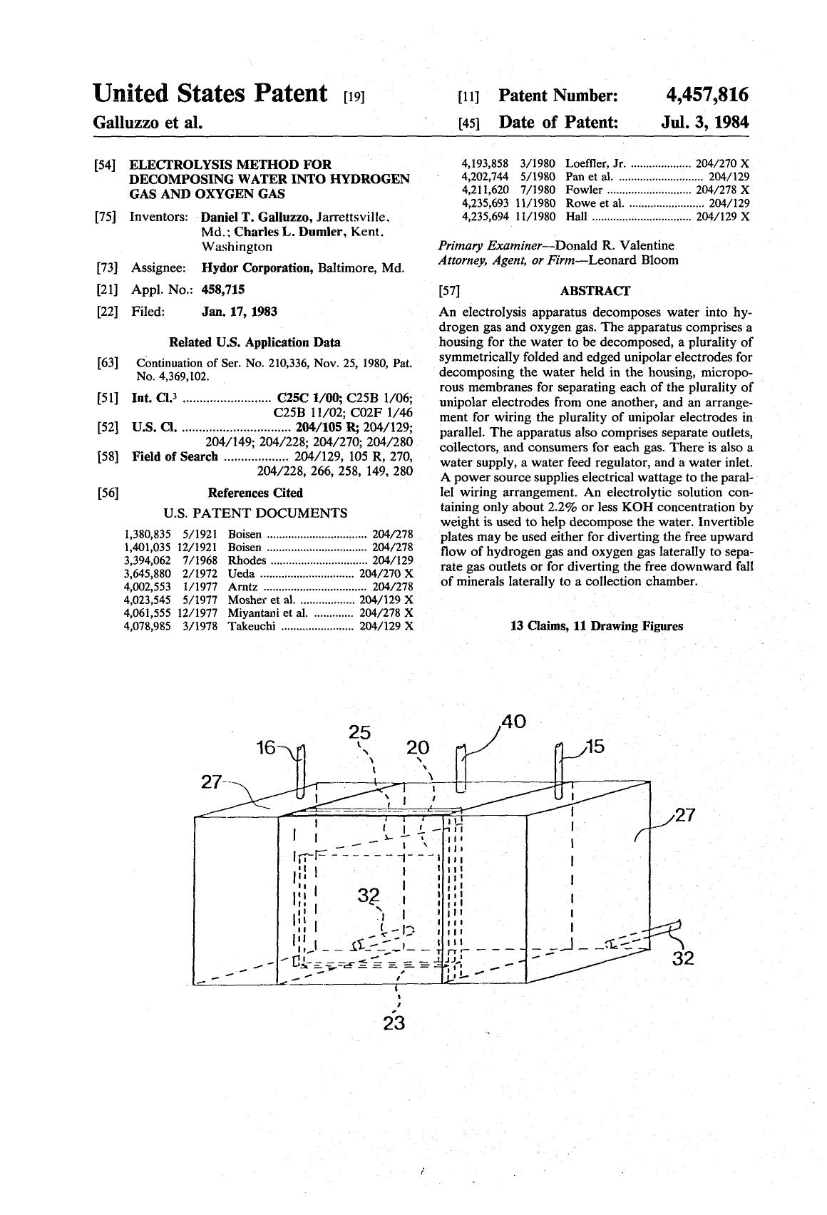 Electrolysis method for decomposing water into hydrogen gas and oxygen gas by Daniel T. Galluzzo Charles L. Dumler