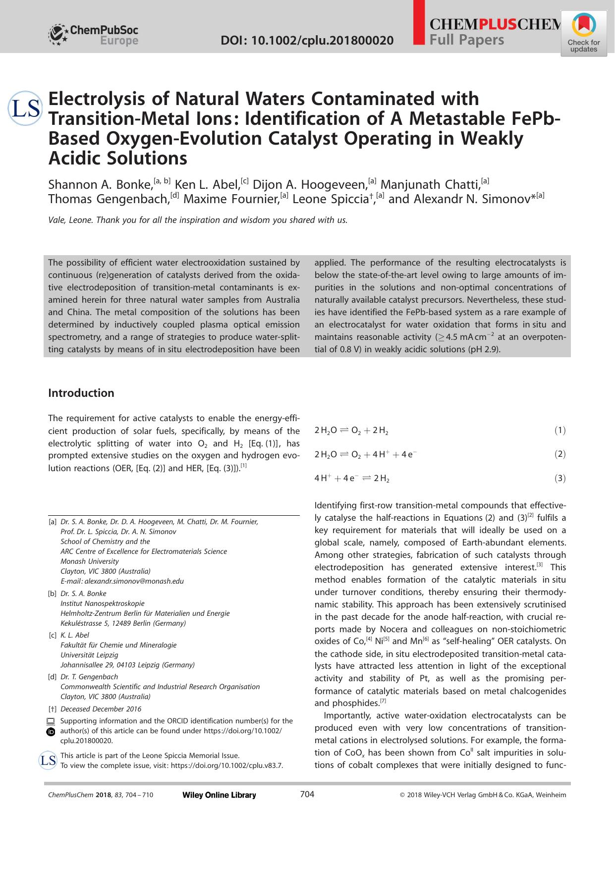 Electrolysis of Natural Waters Contaminated with TransitionâMetal Ions: Identification of A Metastable FePbâBased OxygenâEvolution Catalyst Operating in Weakly Acidic Solutions by Unknown