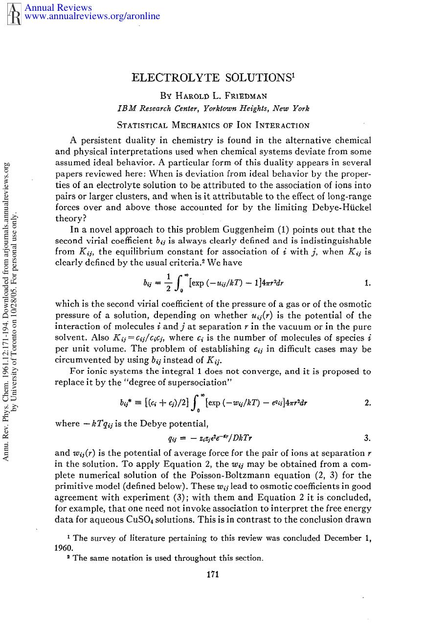 Electrolyte Solutions by H L Friedman